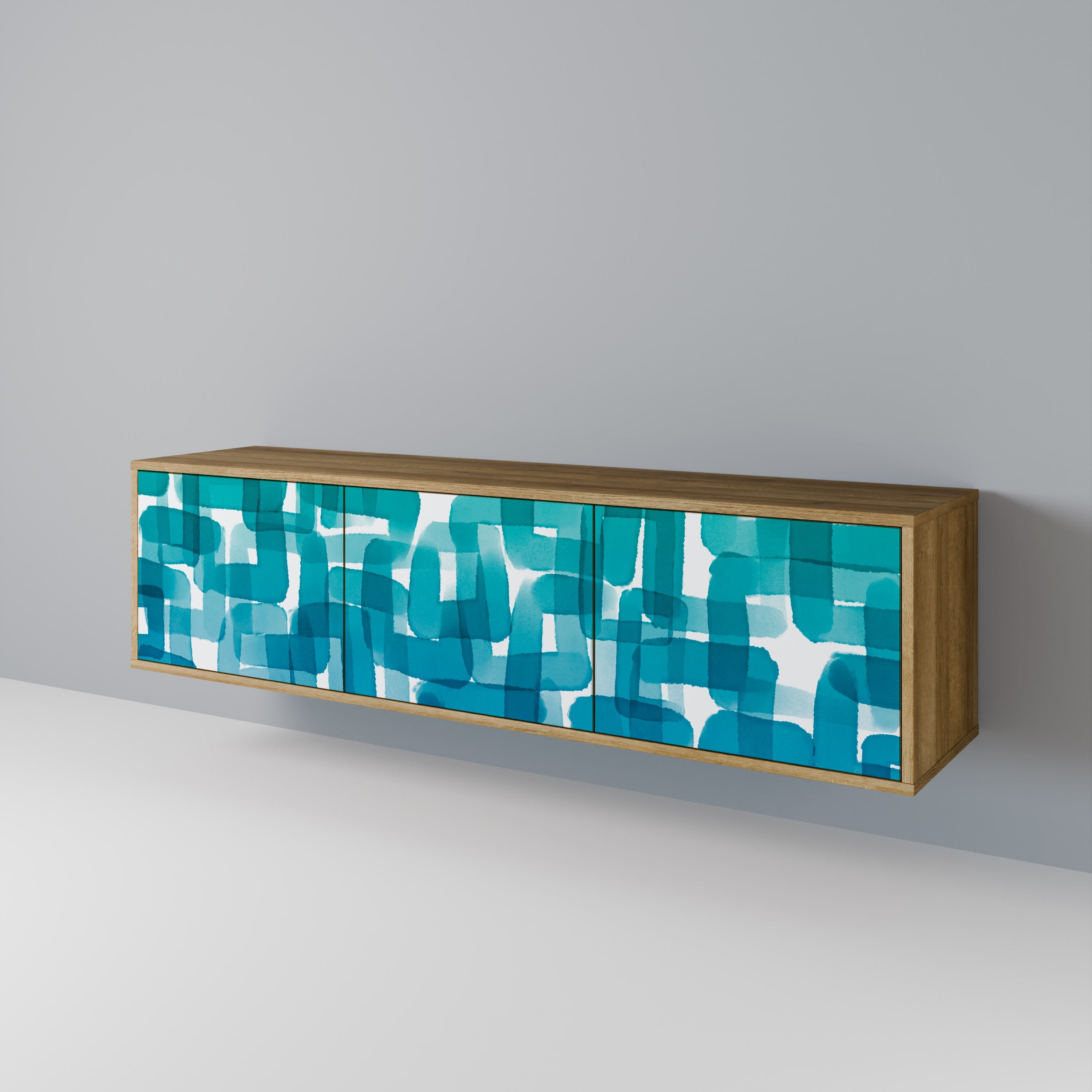 Meuble TV 3 portes TURQUOISE RECTANGLES effet chêne