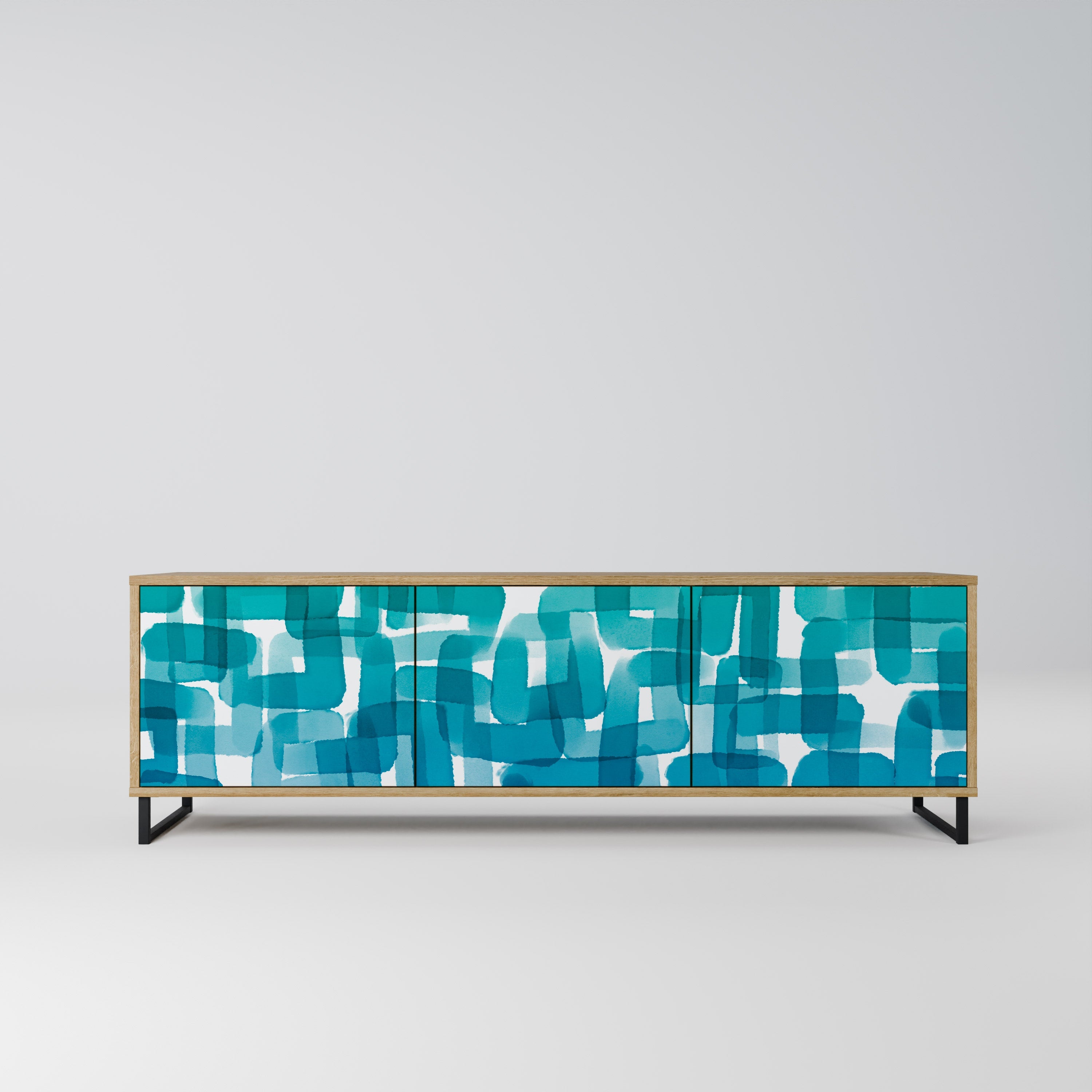 Meuble TV 3 portes TURQUOISE RECTANGLES effet chêne