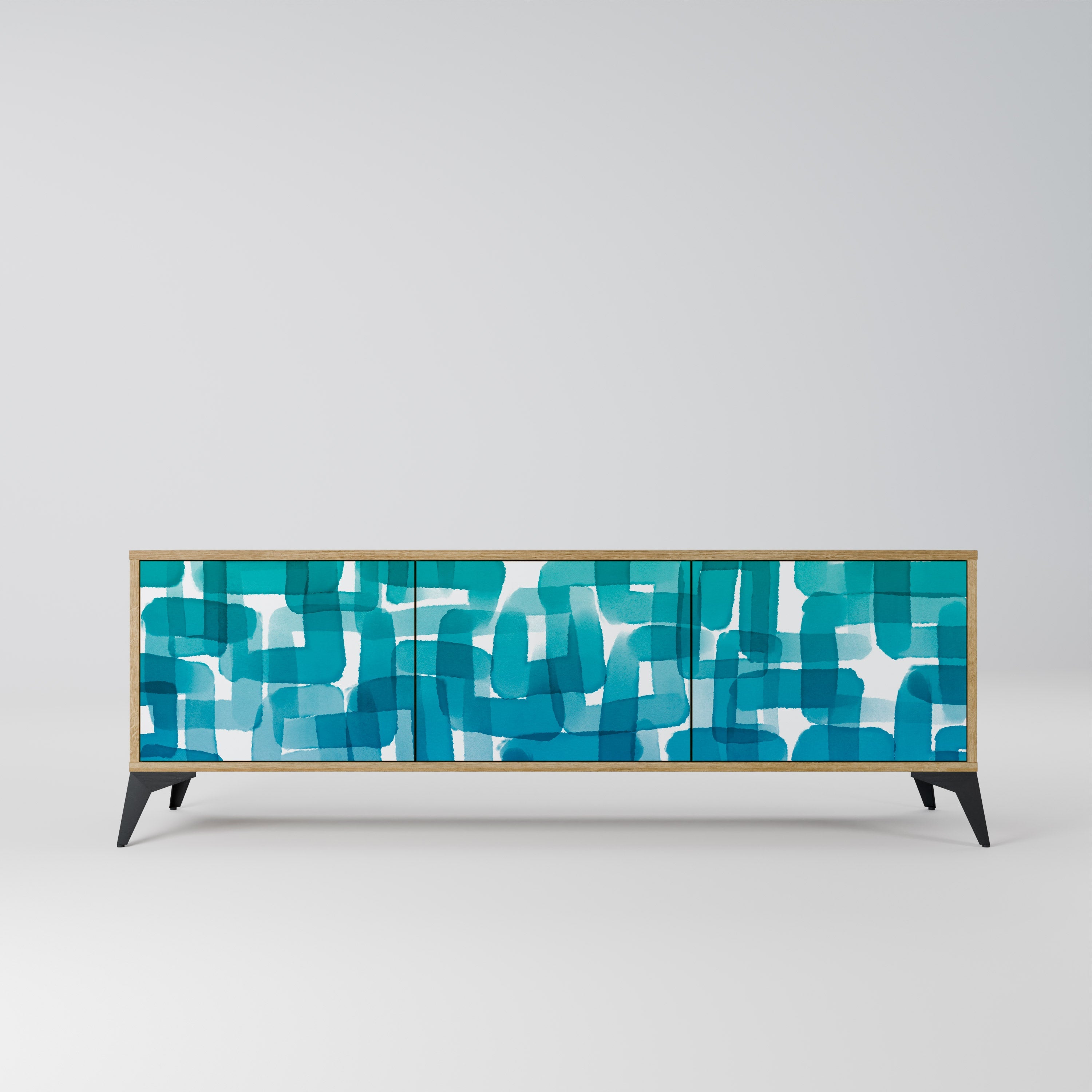 Meuble TV 3 portes TURQUOISE RECTANGLES effet chêne