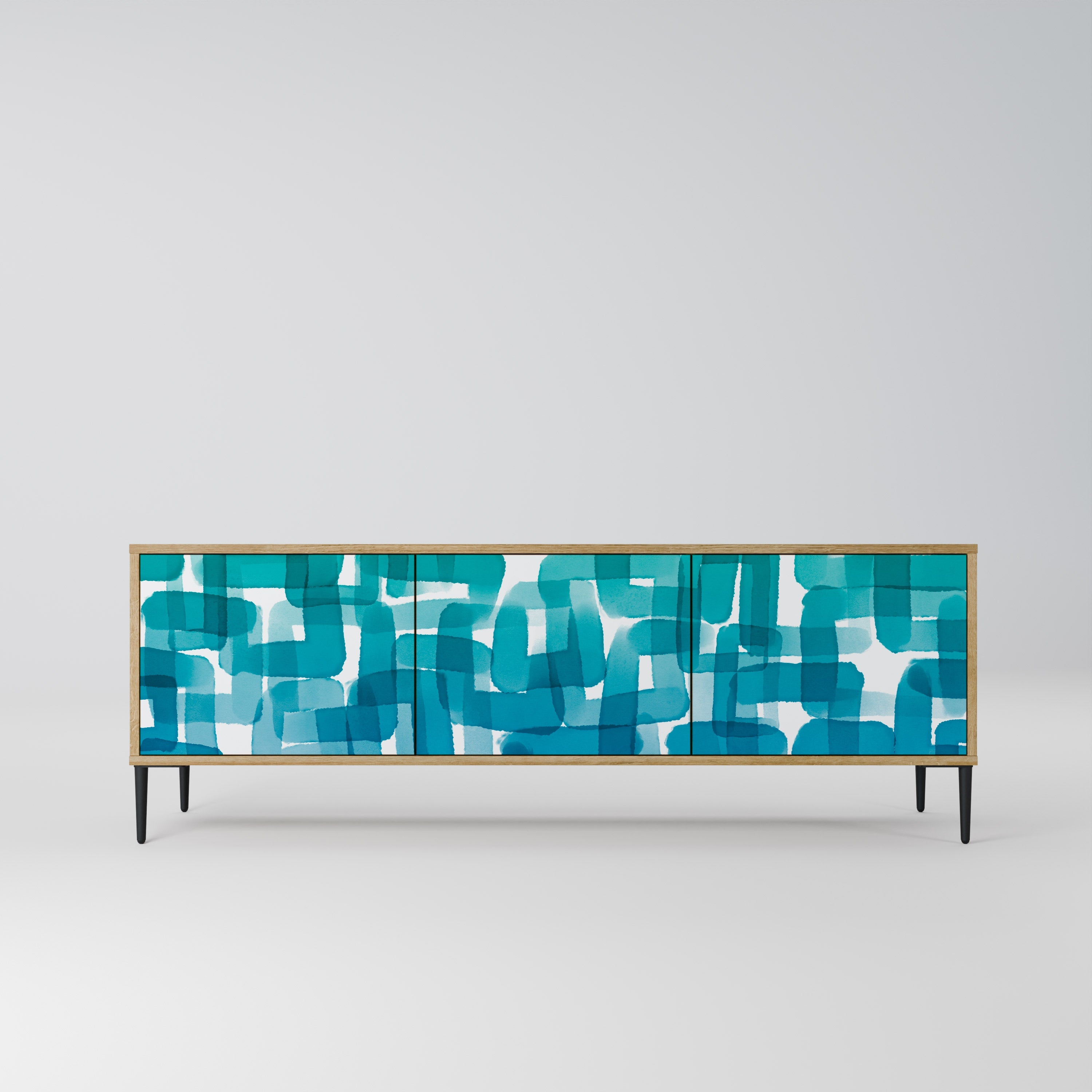 Meuble TV 3 portes TURQUOISE RECTANGLES effet chêne