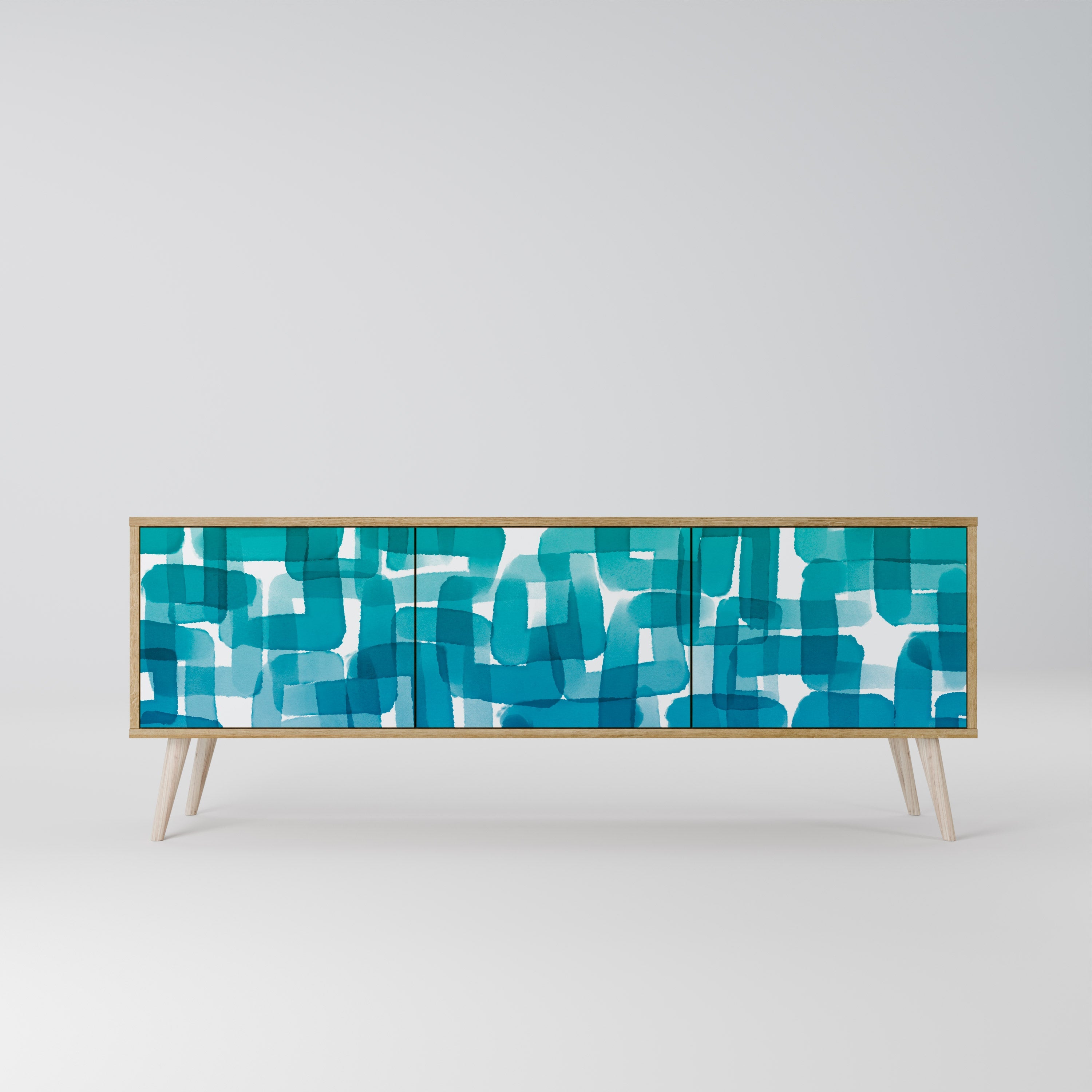 Meuble TV 3 portes TURQUOISE RECTANGLES effet chêne