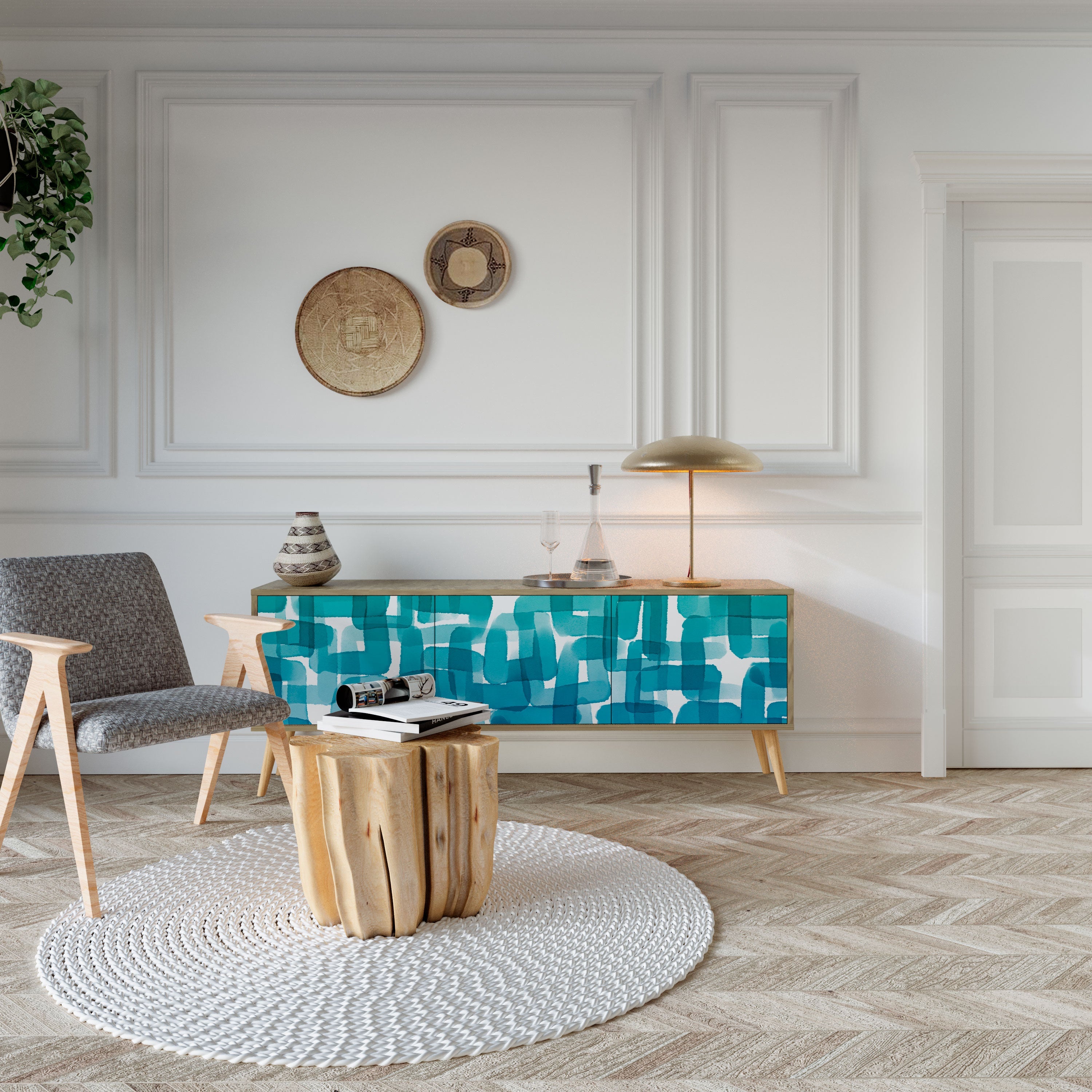 Meuble TV 3 portes TURQUOISE RECTANGLES effet chêne