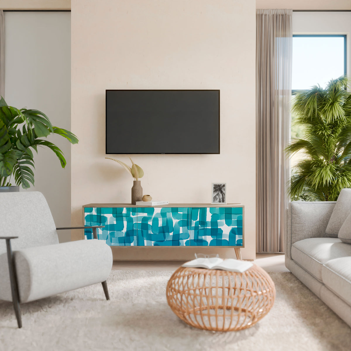 TURQUOISE RECTANGLES 3-Door TV Cabinet