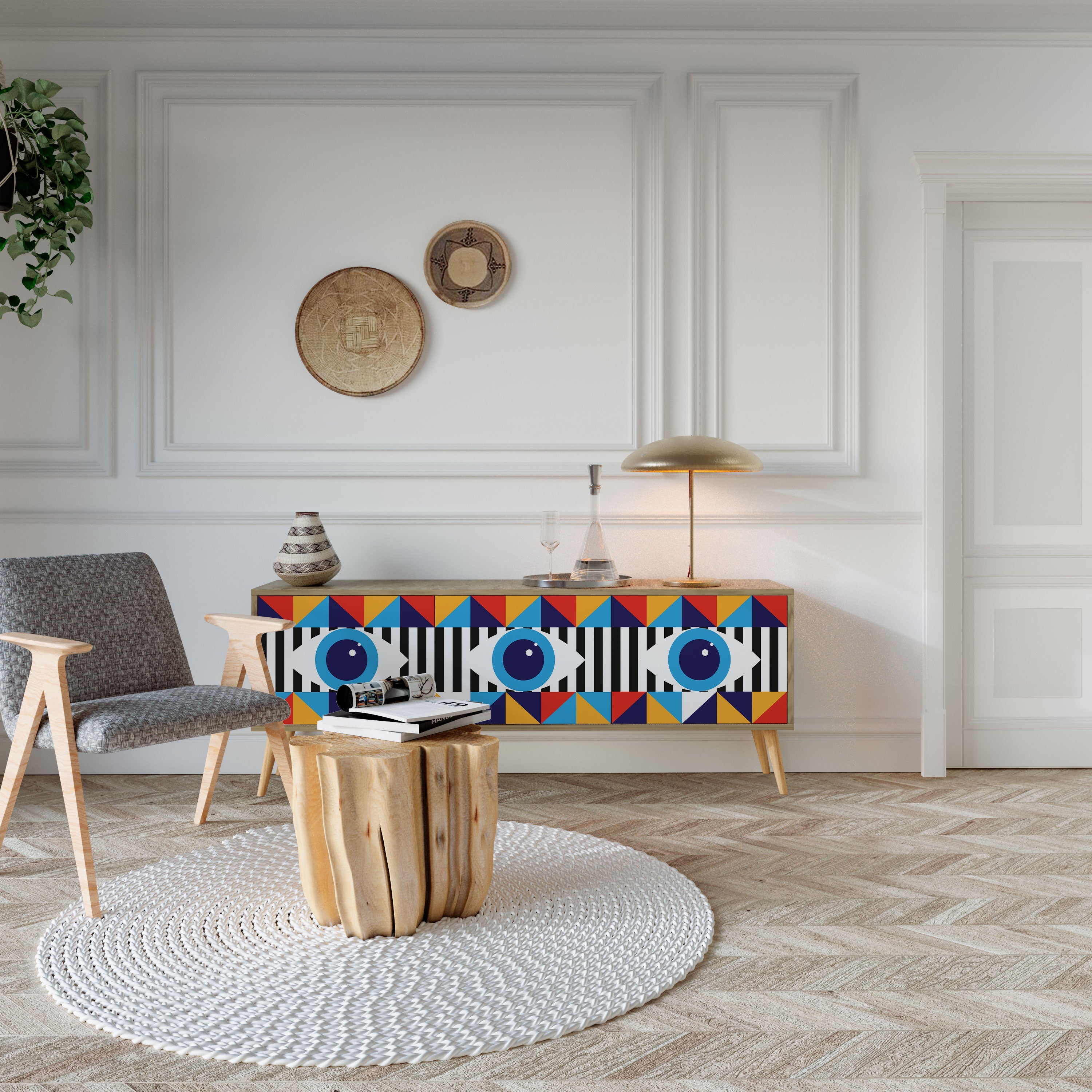 Meuble TV 3 portes effet chêne ABSTRACTION ET GÉOMÉTRIE