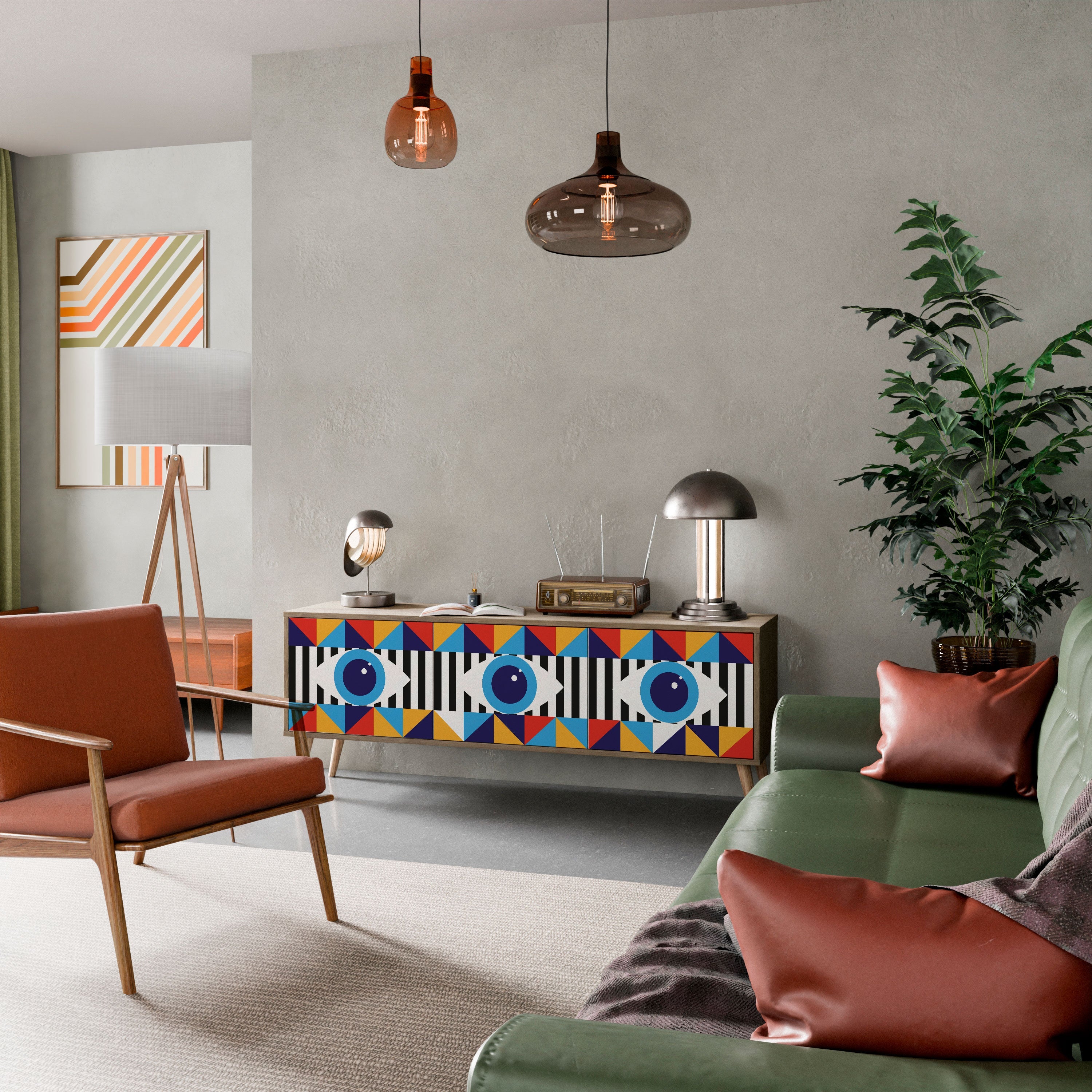 Meuble TV 3 portes effet chêne ABSTRACTION ET GÉOMÉTRIE