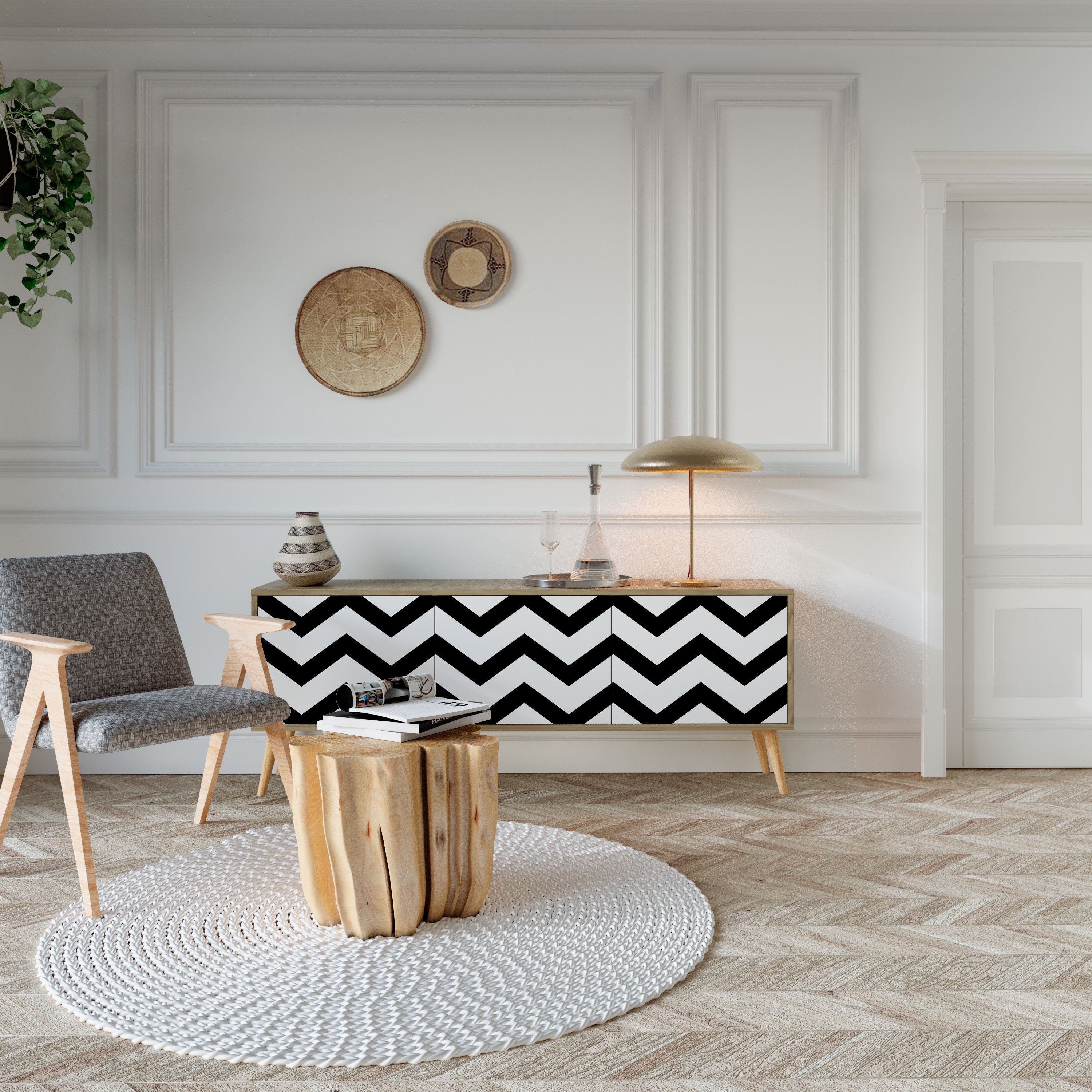 Meuble TV CLASSIC ZIG ZAG 3 portes effet chêne