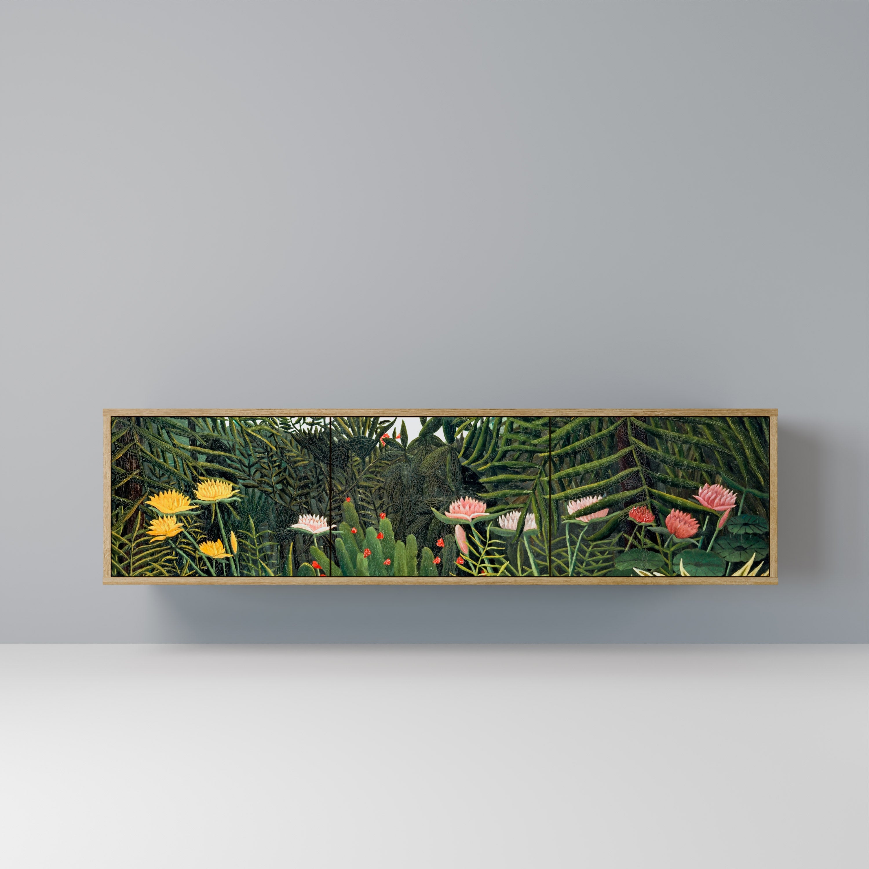 Meuble TV 3 portes FORÊT VIERGE AVEC COUCHER DE SOLEIL effet chêne