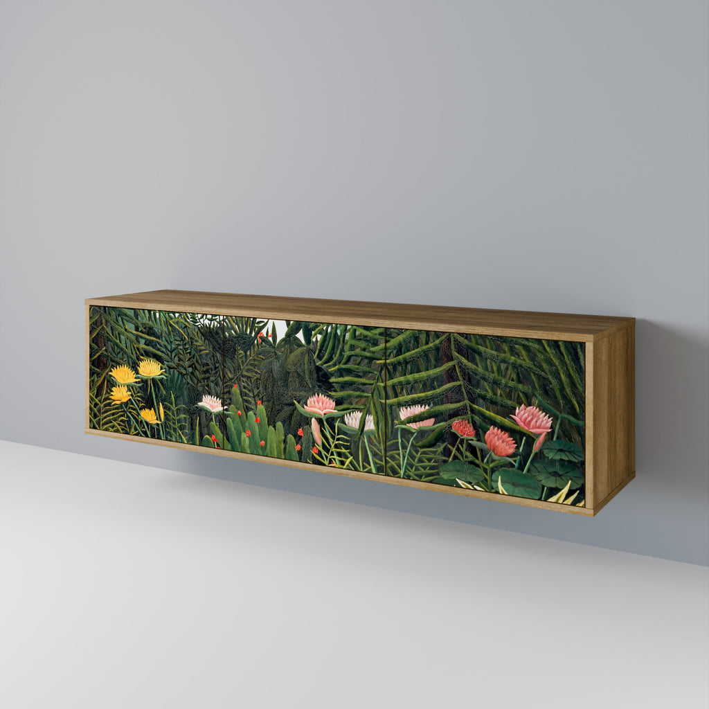 Meuble TV 3 portes FORÊT VIERGE AVEC COUCHER DE SOLEIL effet chêne