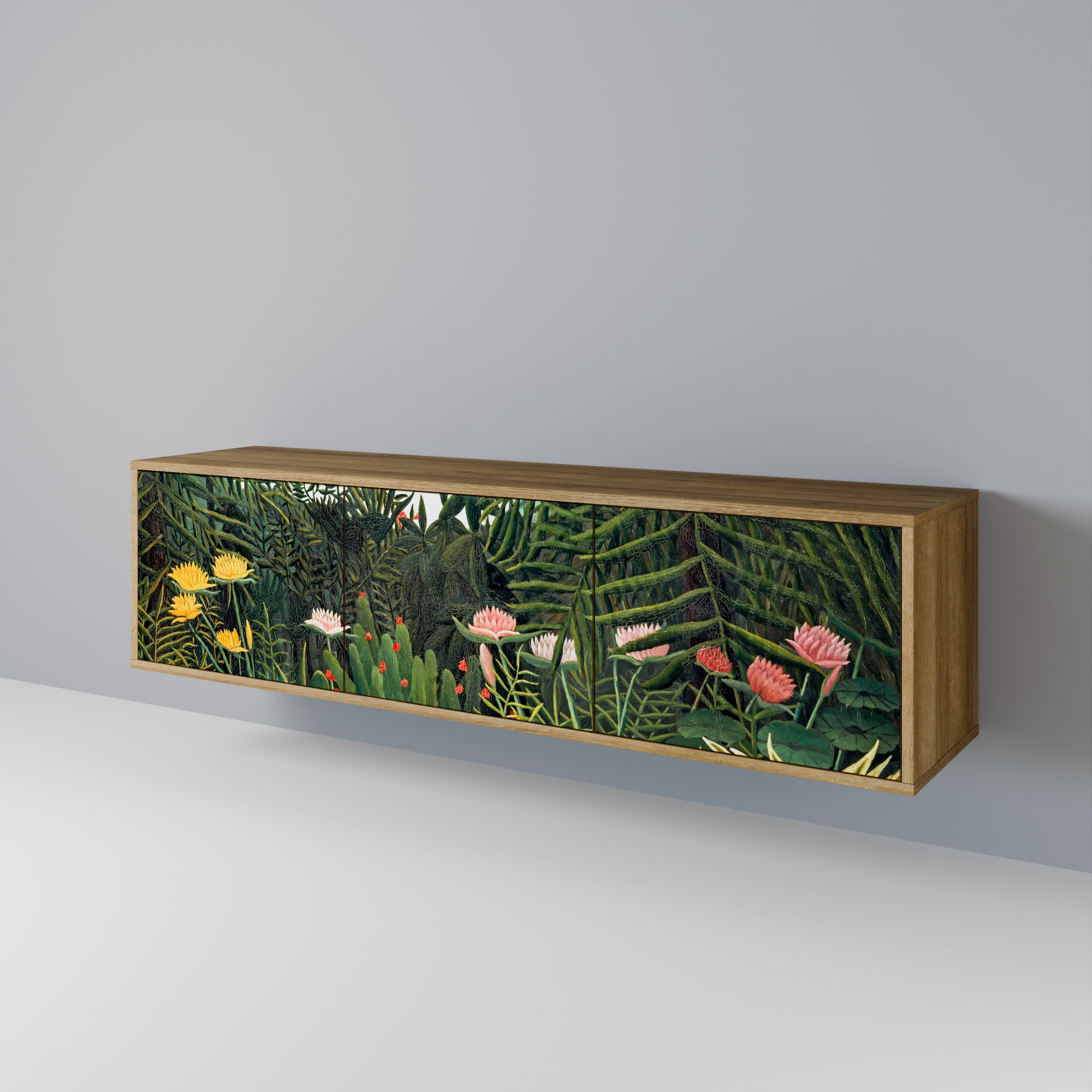 Meuble TV 3 portes FORÊT VIERGE AVEC COUCHER DE SOLEIL effet chêne