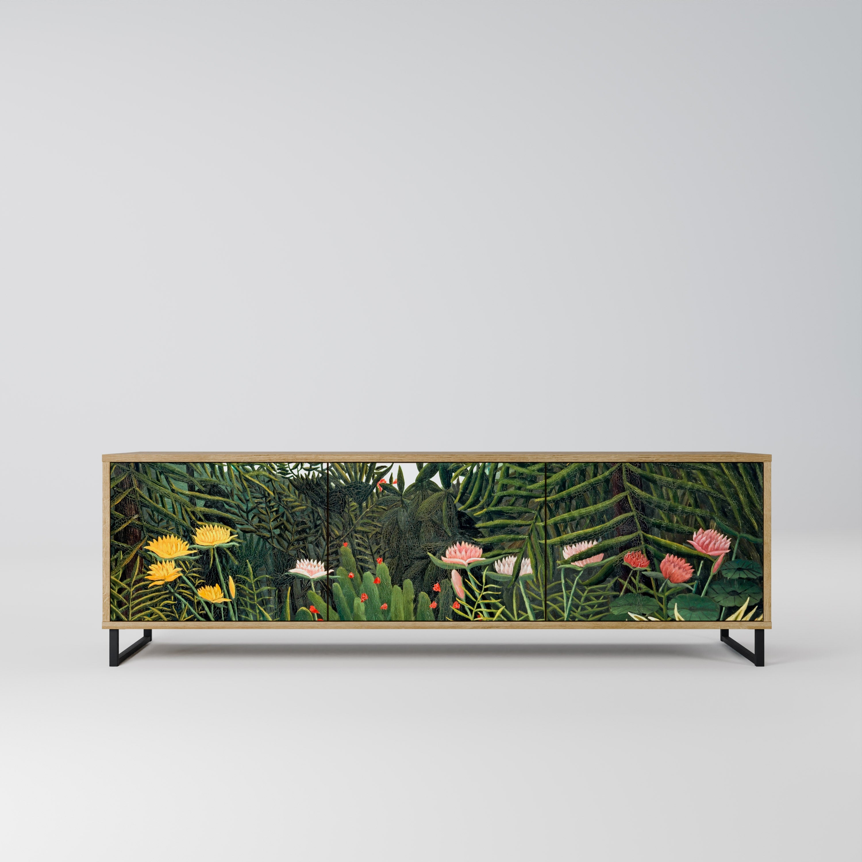 Meuble TV 3 portes FORÊT VIERGE AVEC COUCHER DE SOLEIL effet chêne