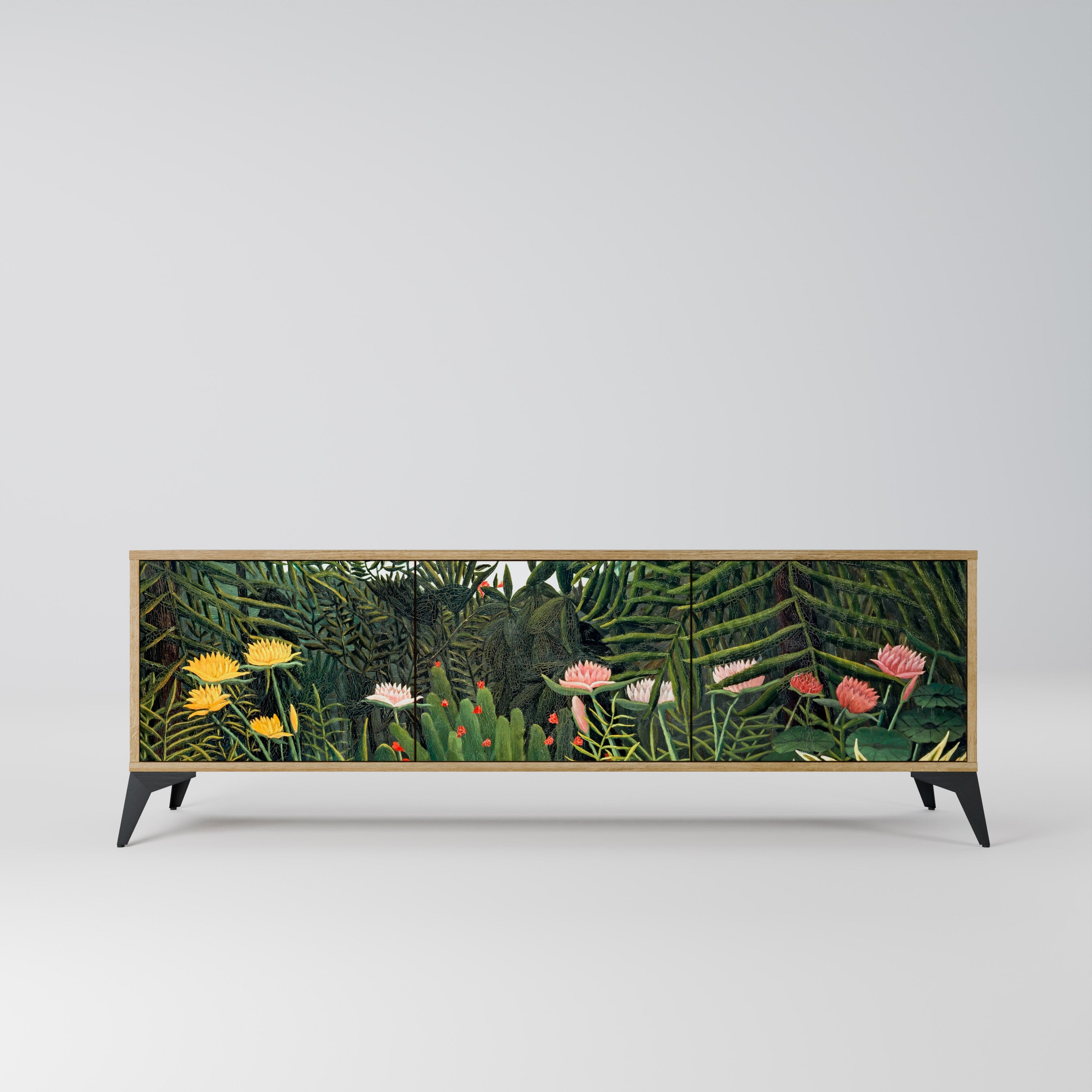 Meuble TV 3 portes FORÊT VIERGE AVEC COUCHER DE SOLEIL effet chêne