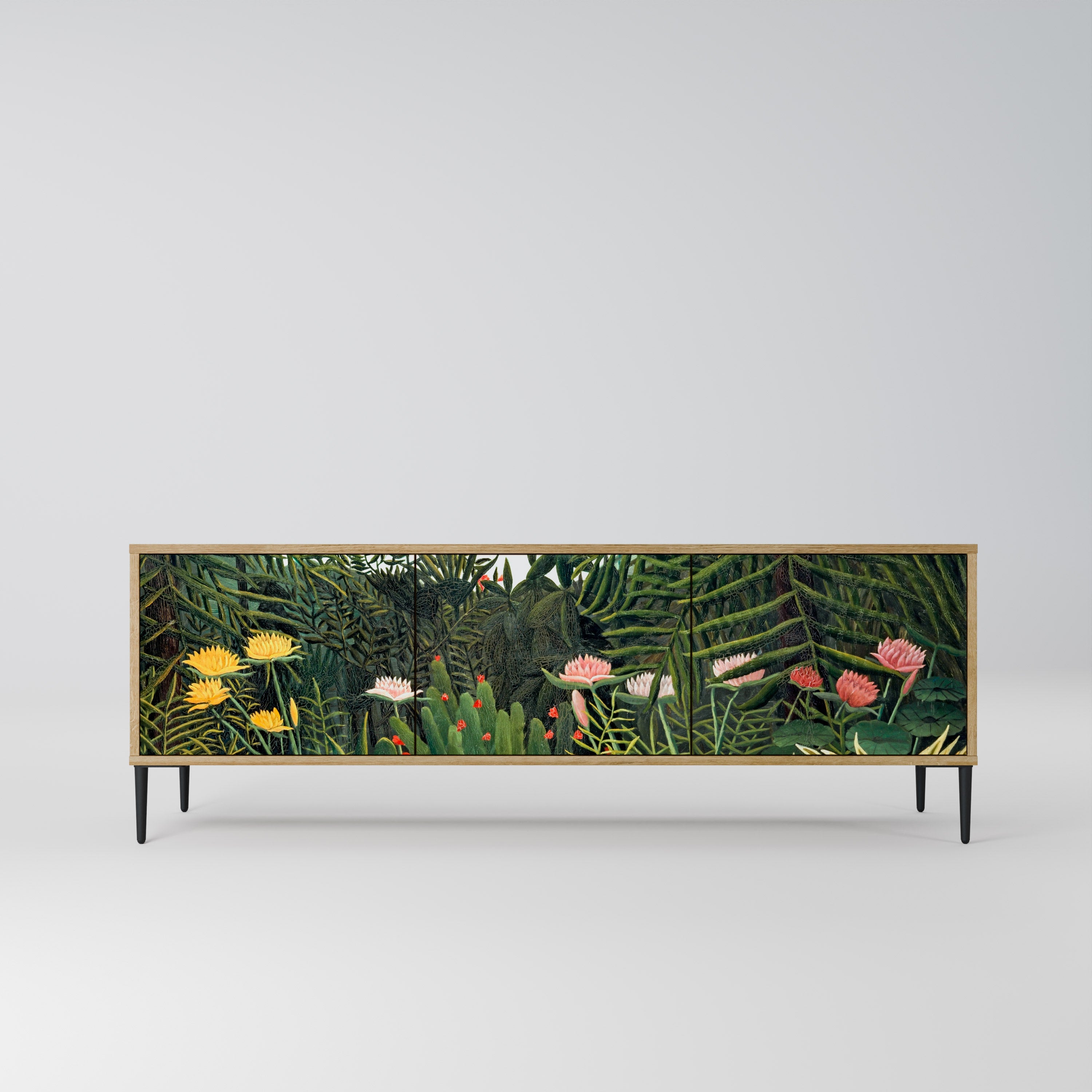 Meuble TV 3 portes FORÊT VIERGE AVEC COUCHER DE SOLEIL effet chêne