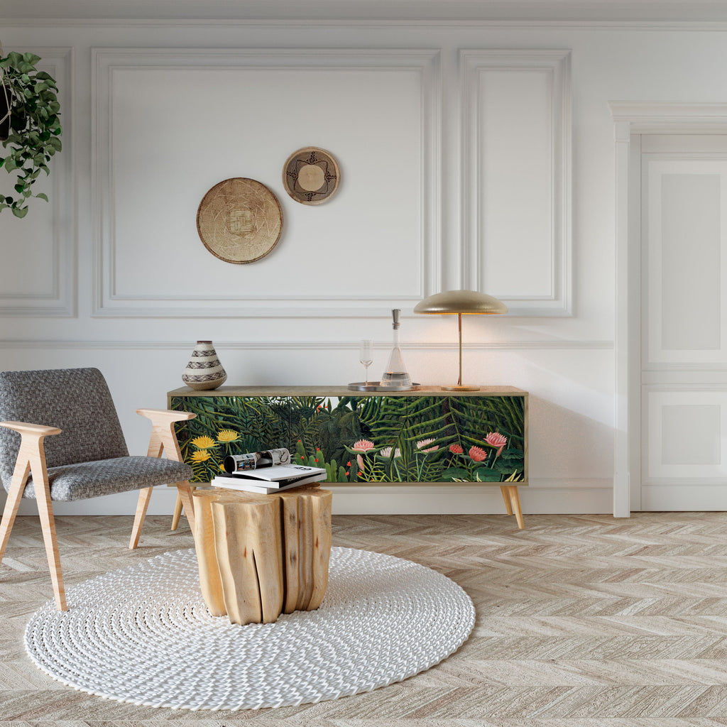 Meuble TV 3 portes FORÊT VIERGE AVEC COUCHER DE SOLEIL effet chêne