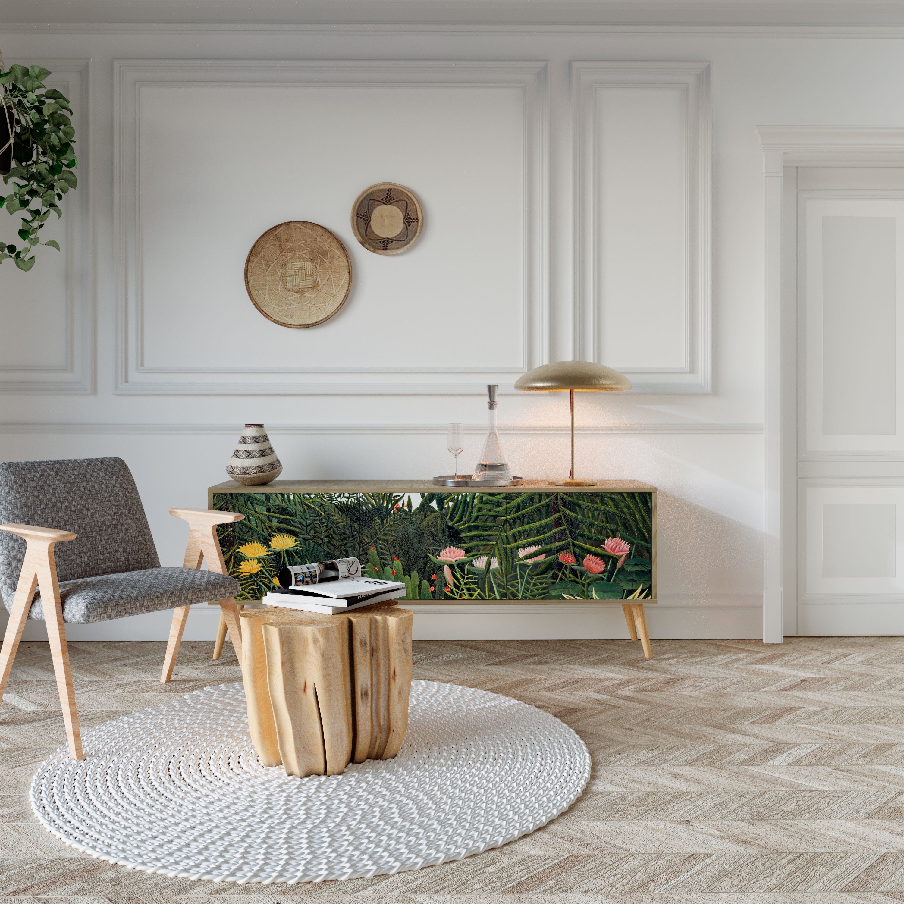 Meuble TV 3 portes FORÊT VIERGE AVEC COUCHER DE SOLEIL effet chêne