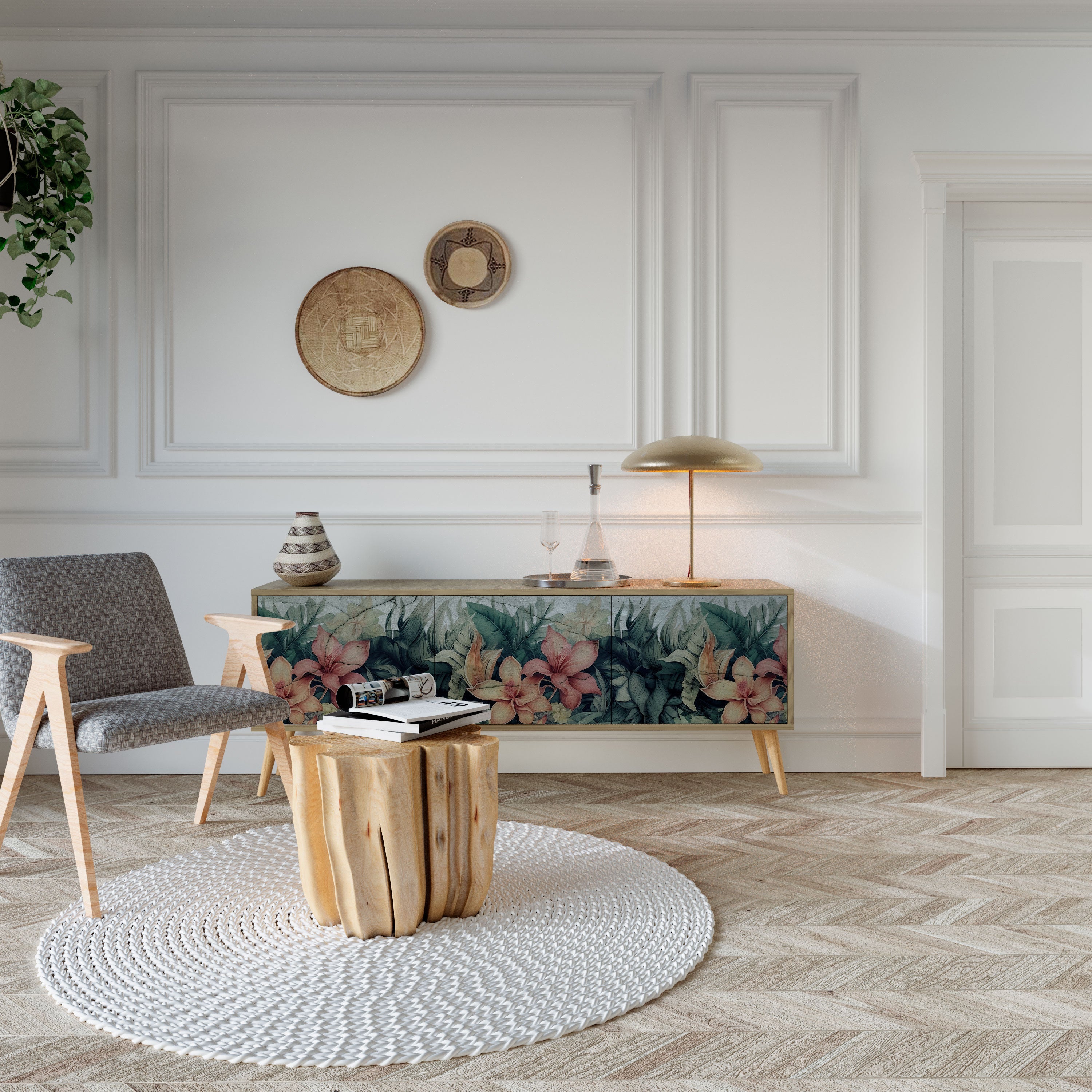 Meuble TV 3 portes HEAVENLY BLOOM effet chêne