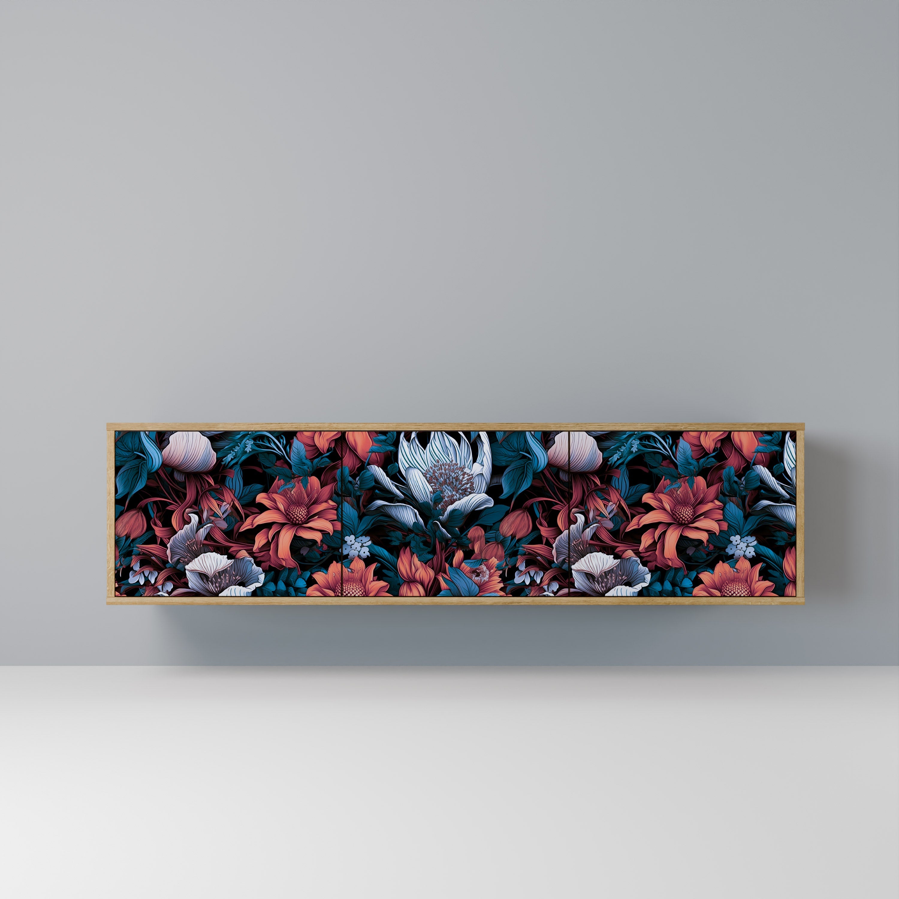 Meuble TV 3 portes ETHEREAL BLOSSOMS effet chêne