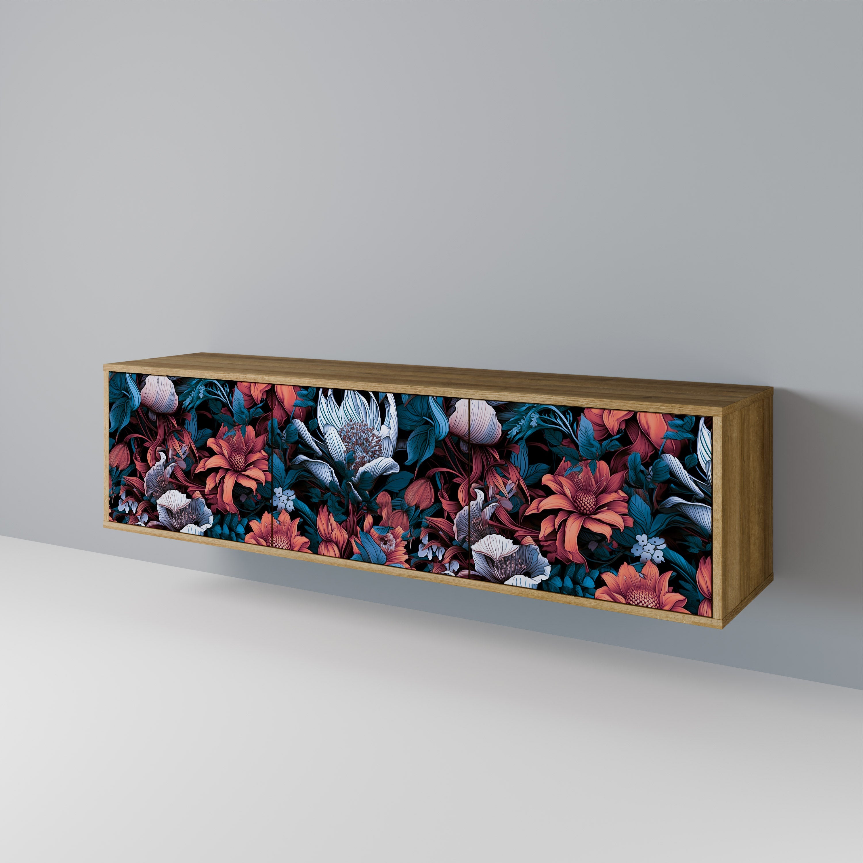 Meuble TV 3 portes ETHEREAL BLOSSOMS effet chêne