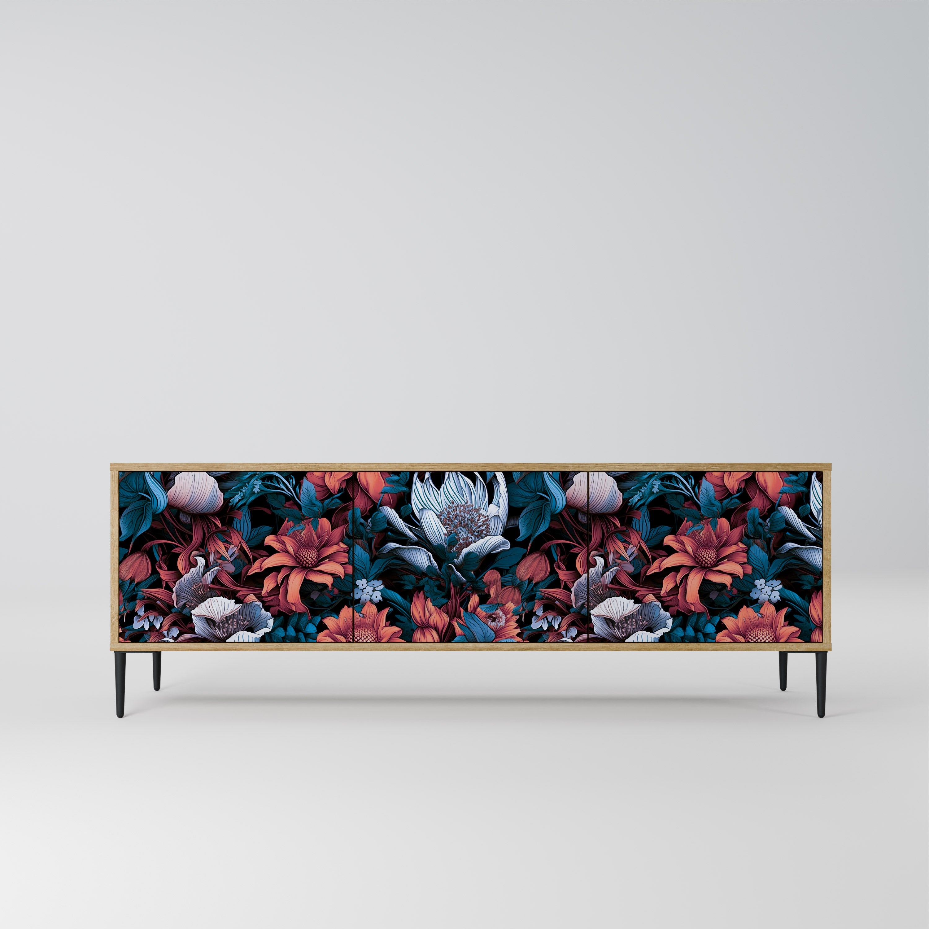 Meuble TV 3 portes ETHEREAL BLOSSOMS effet chêne