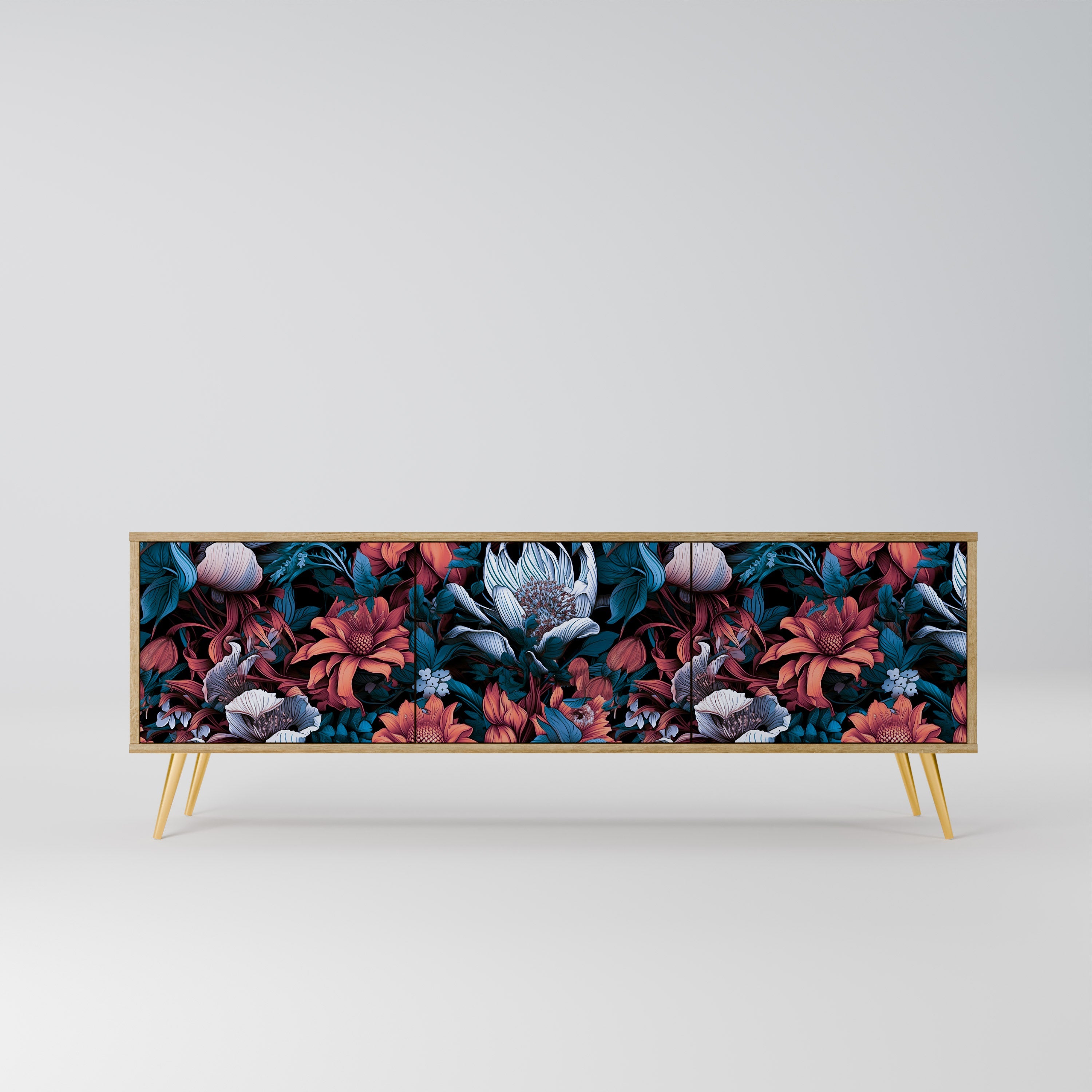 Meuble TV 3 portes ETHEREAL BLOSSOMS effet chêne