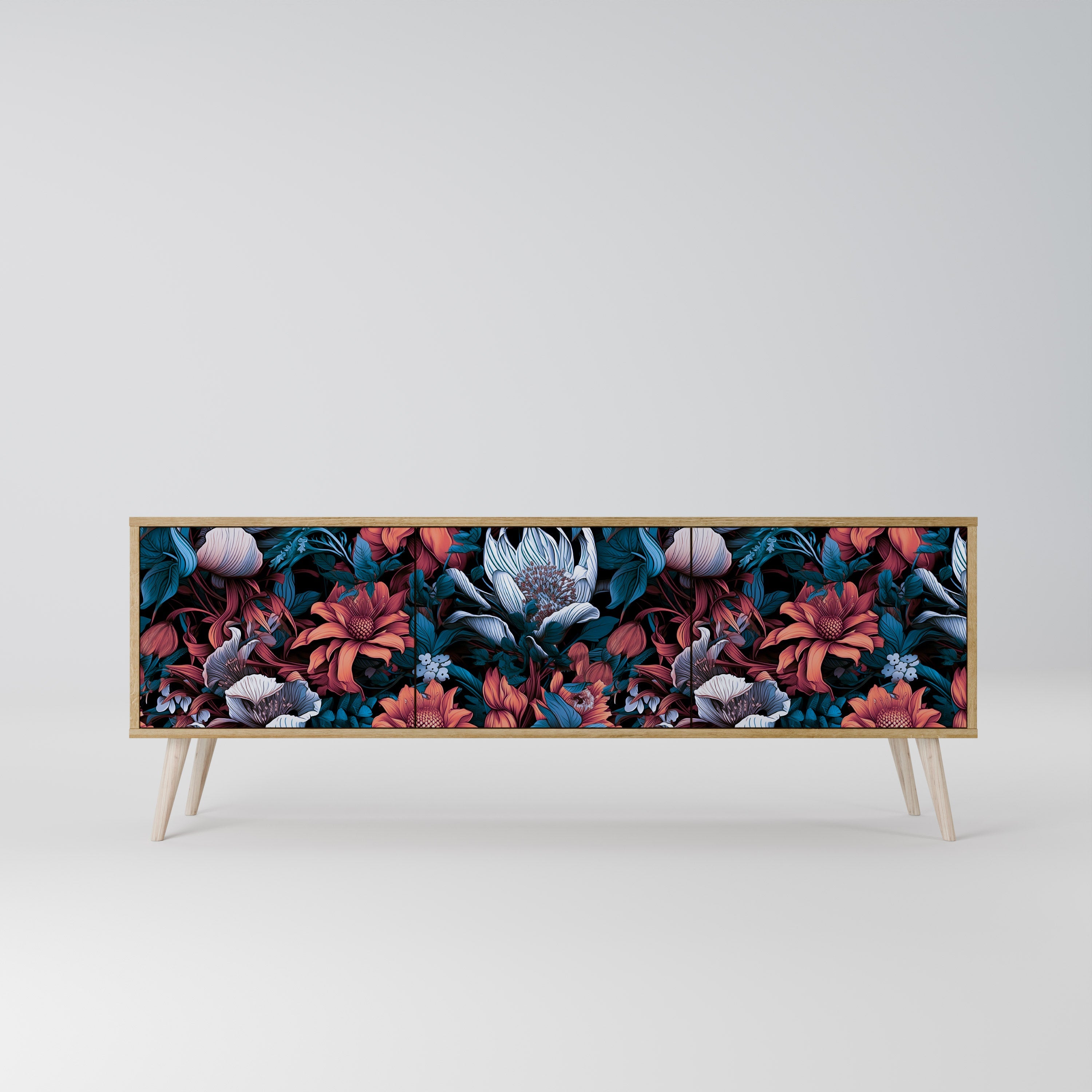 Meuble TV 3 portes ETHEREAL BLOSSOMS effet chêne