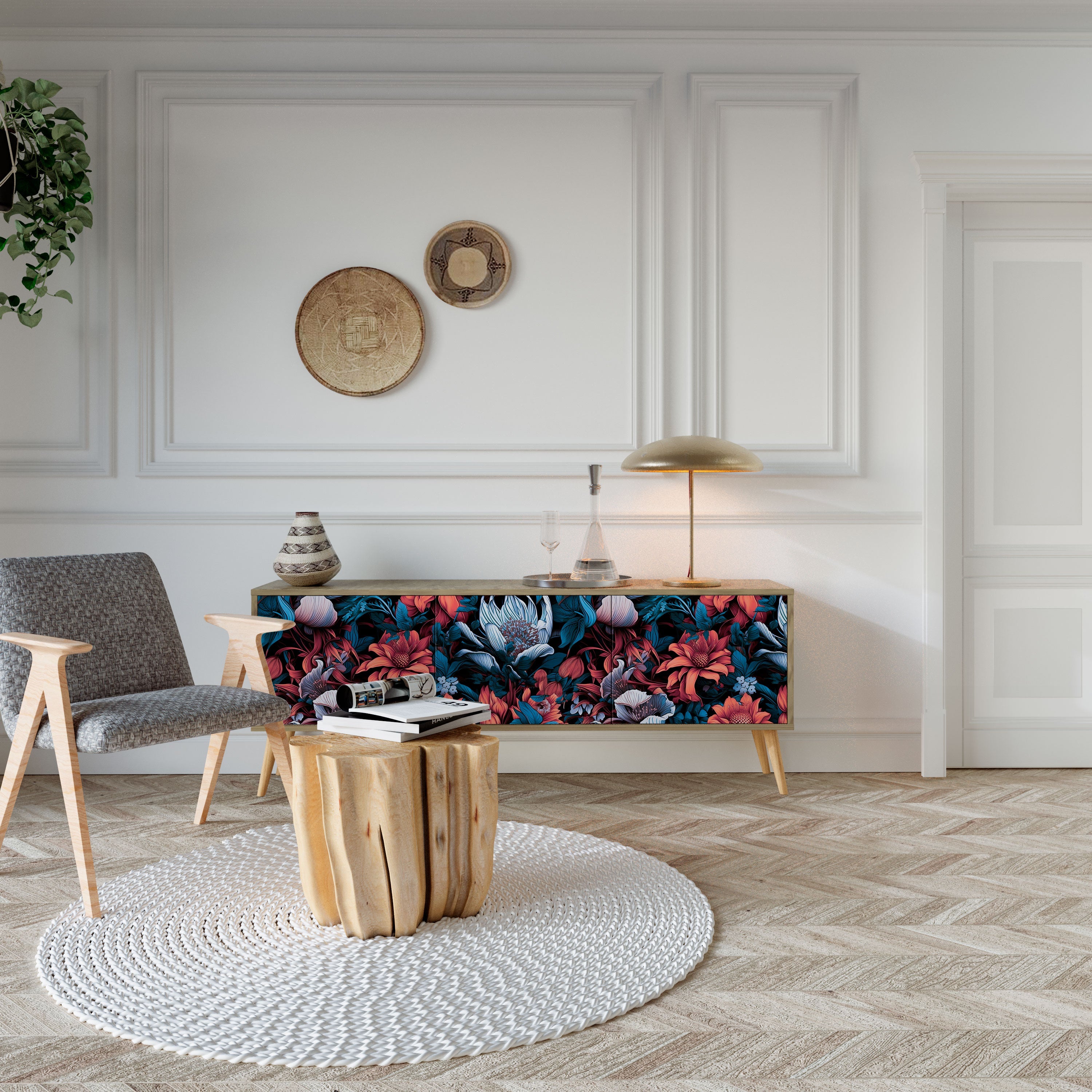 Meuble TV 3 portes ETHEREAL BLOSSOMS effet chêne