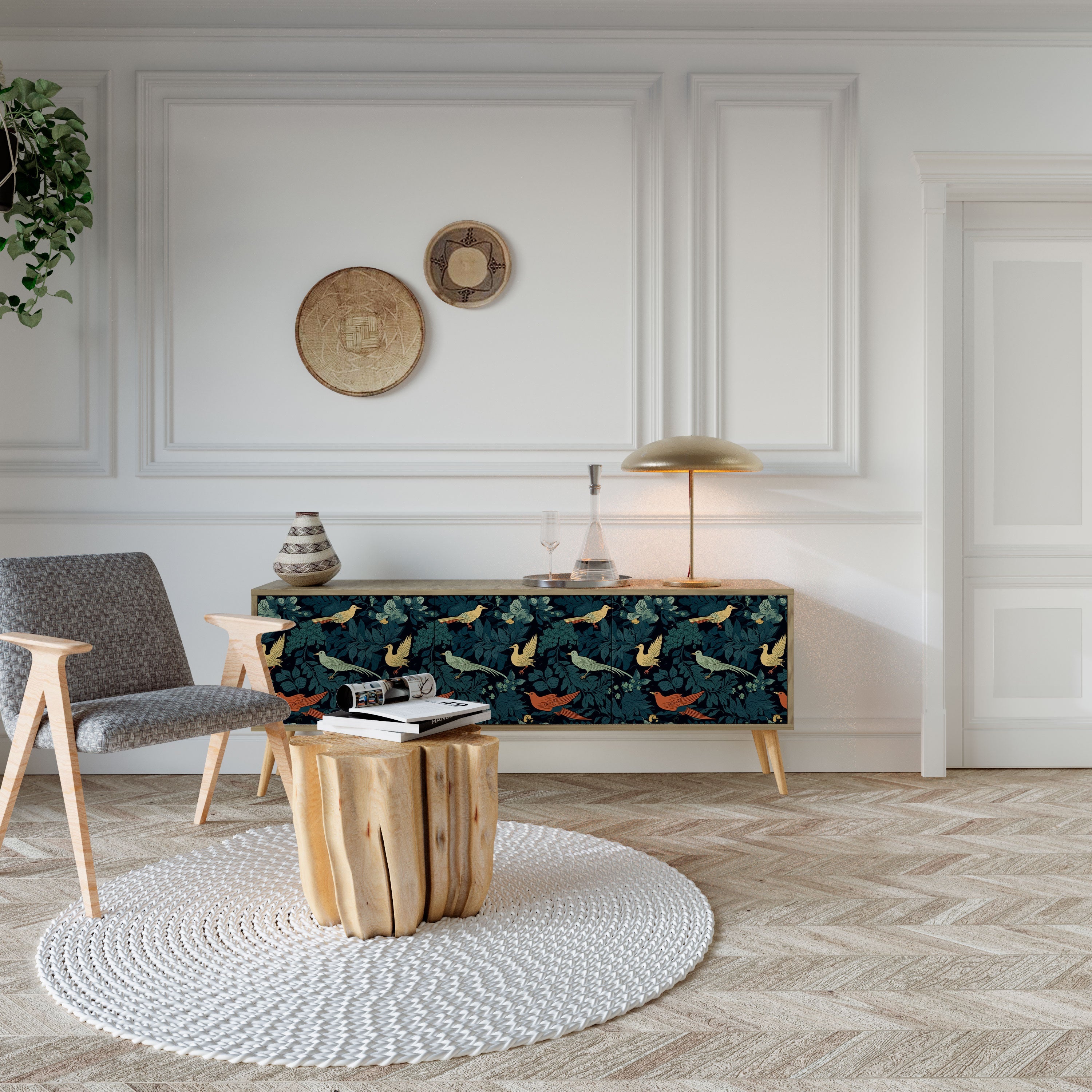 Meuble TV 3 portes FOWL ORNAMENT effet chêne