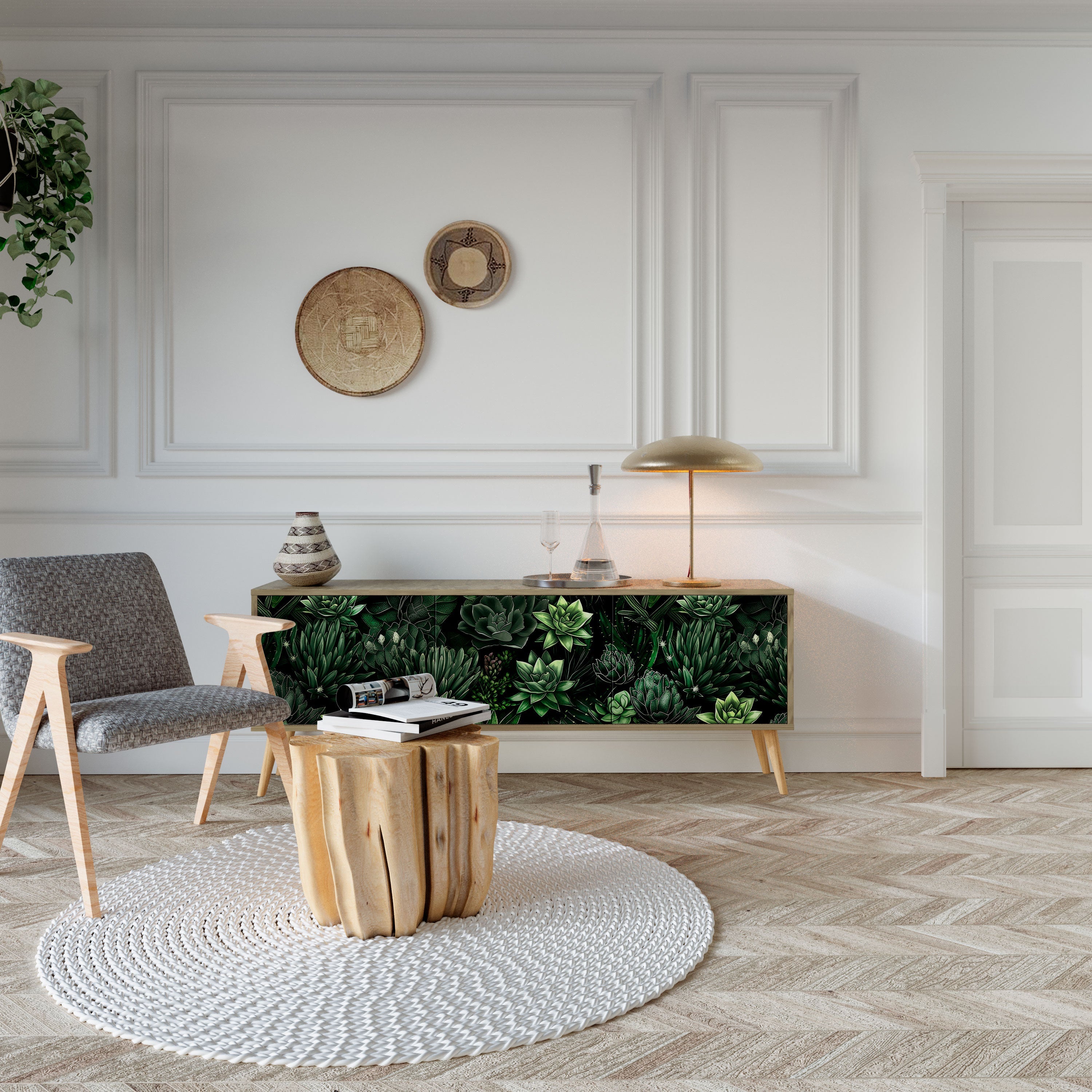 Meuble TV 3 portes SUCCULENT JUNGLE effet chêne