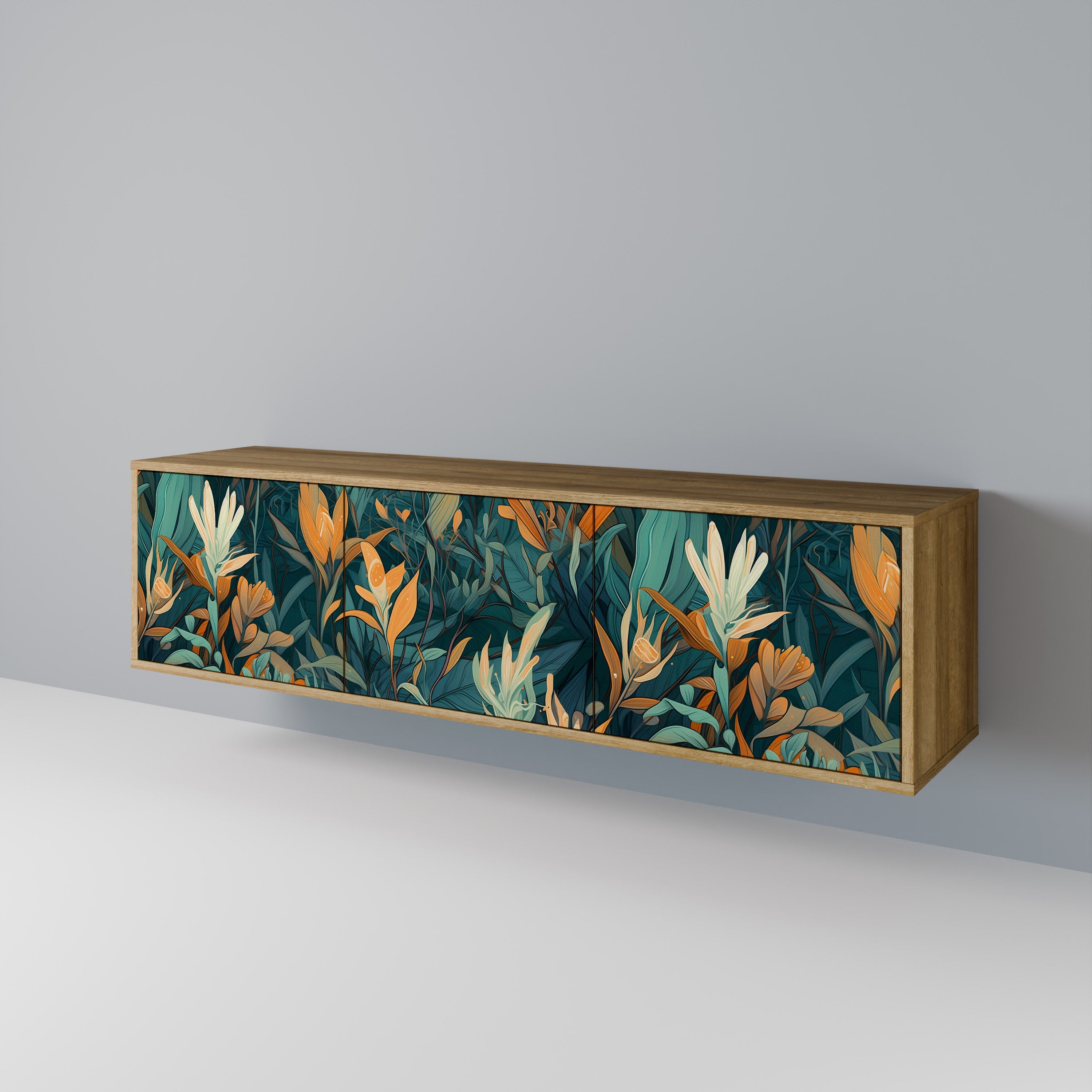 Meuble TV 3 portes FLORAL SERENITY effet chêne