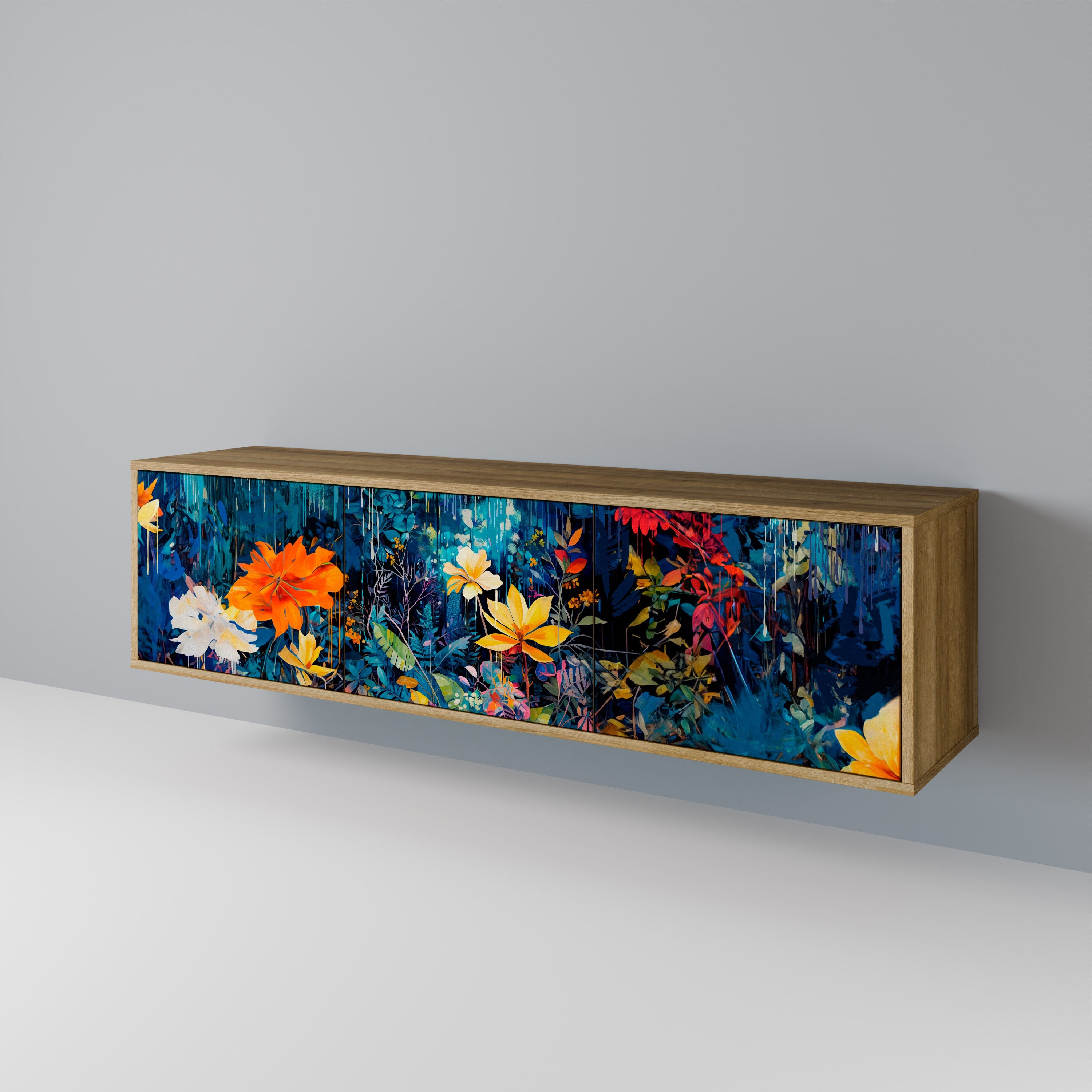 Meuble TV 3 portes MIDNIGHT BLOSSOM effet chêne