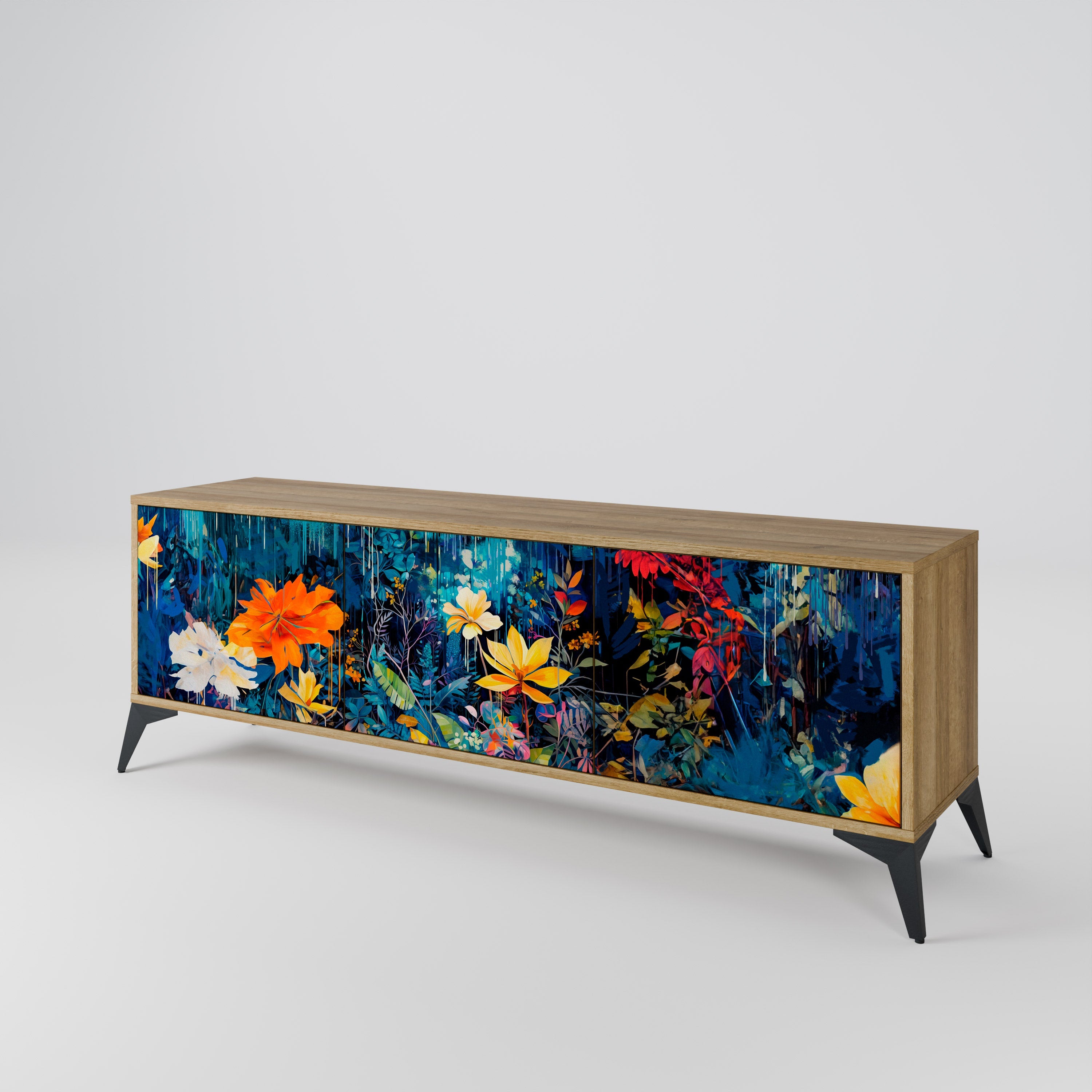 Meuble TV 3 portes MIDNIGHT BLOSSOM effet chêne