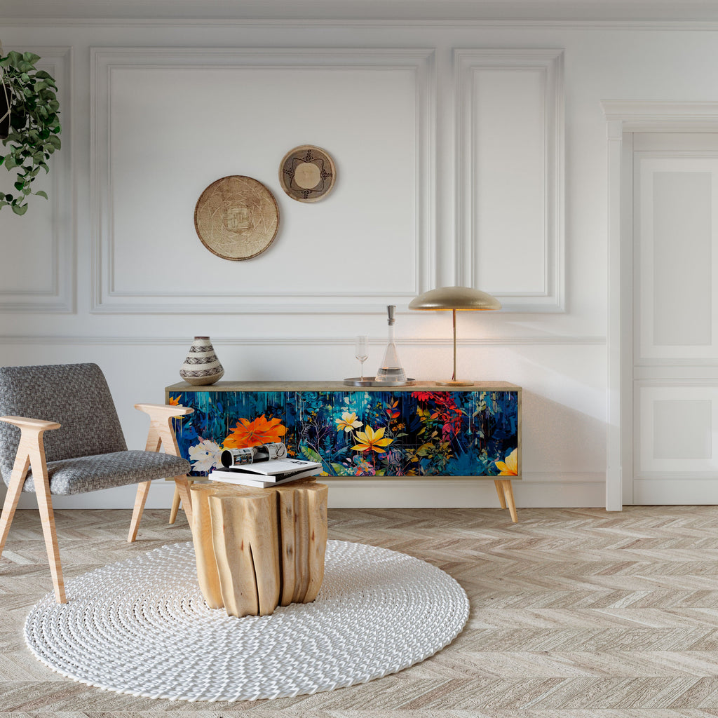 Meuble TV 3 portes MIDNIGHT BLOSSOM effet chêne