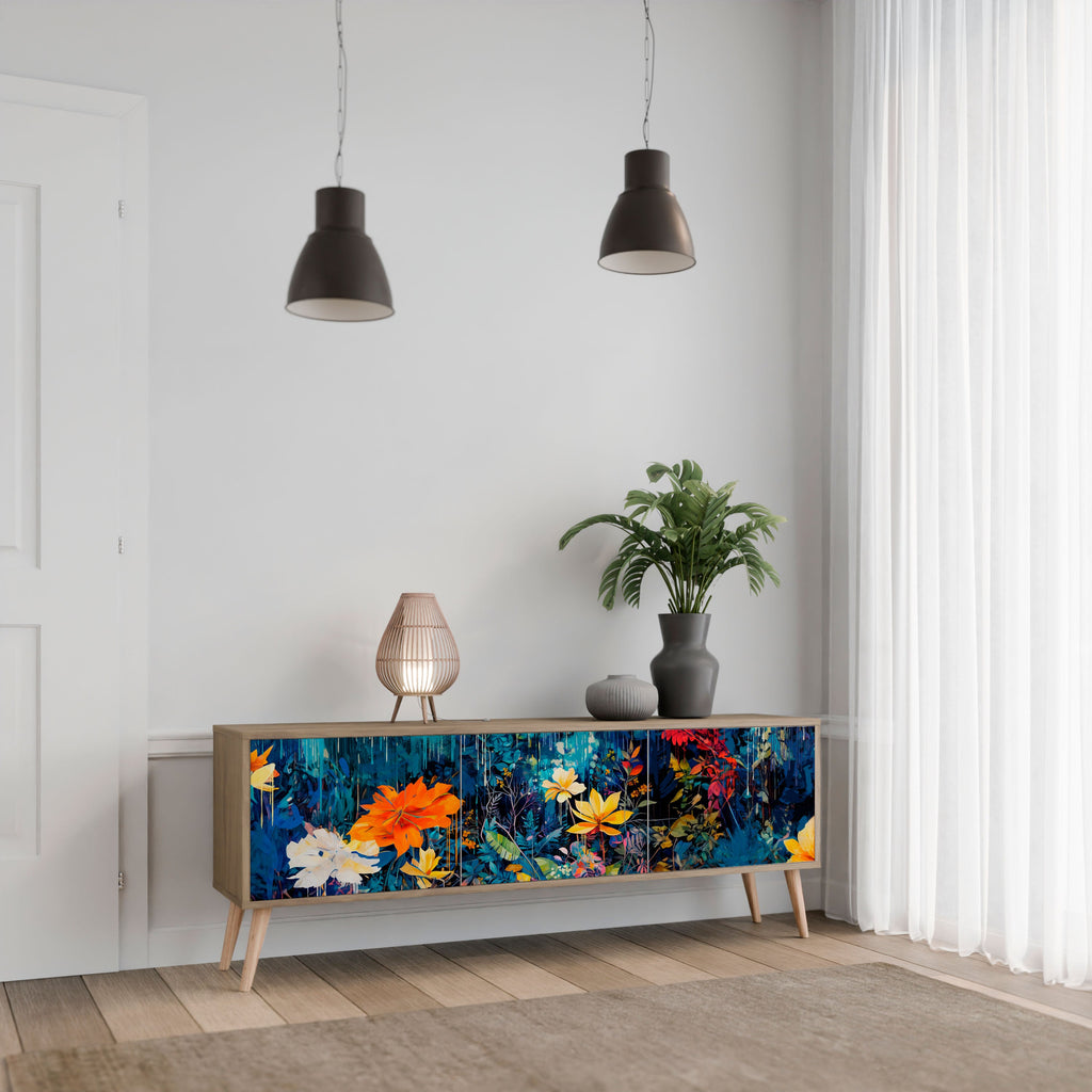 Meuble TV 3 portes MIDNIGHT BLOSSOM effet chêne