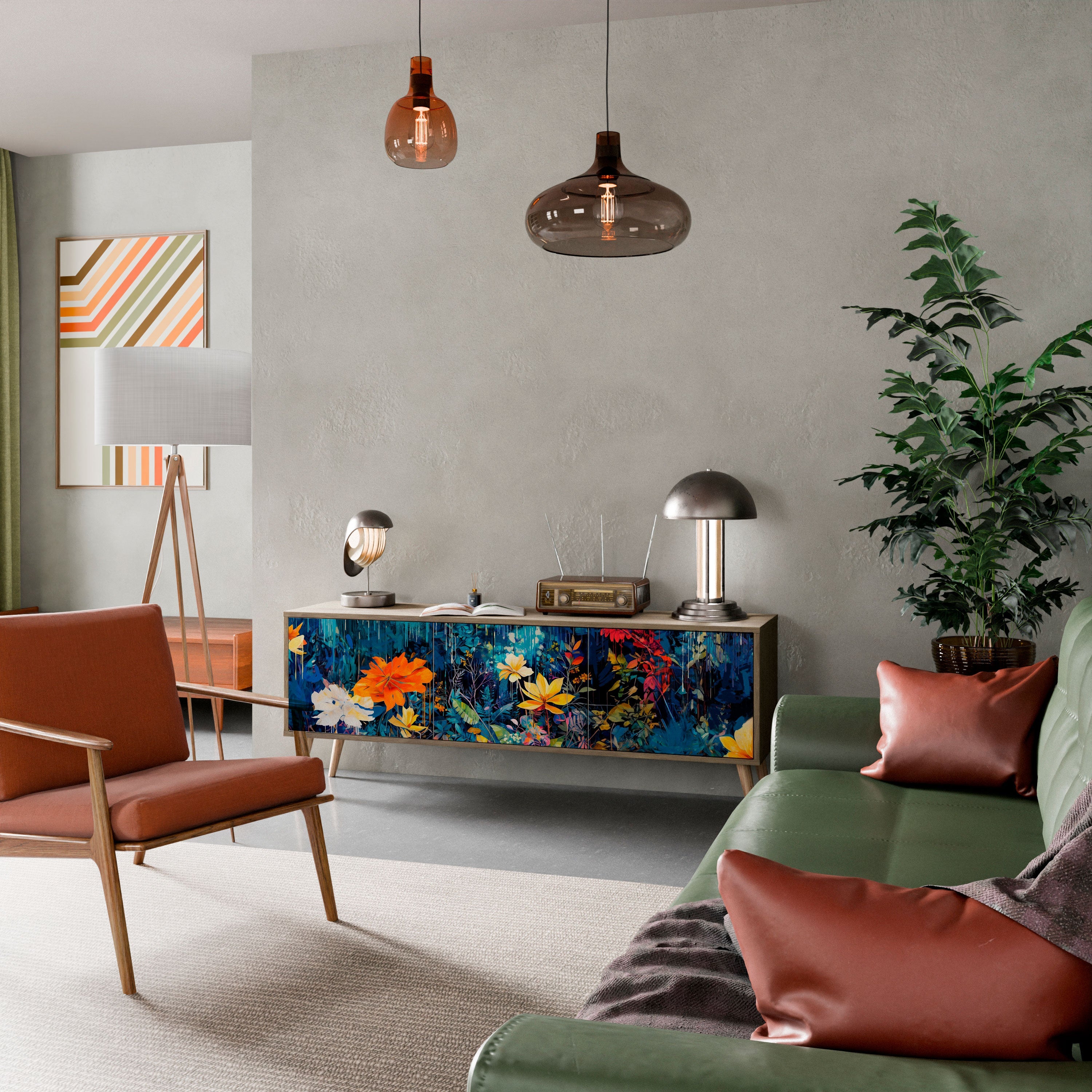 Meuble TV 3 portes MIDNIGHT BLOSSOM effet chêne