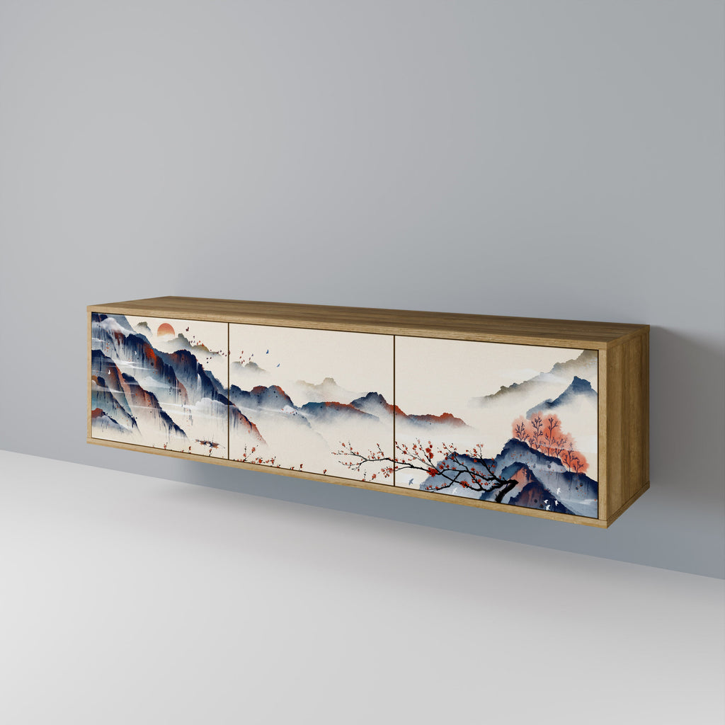 Meuble TV 3 portes effet chêne PAYSAGE JAPONAIS