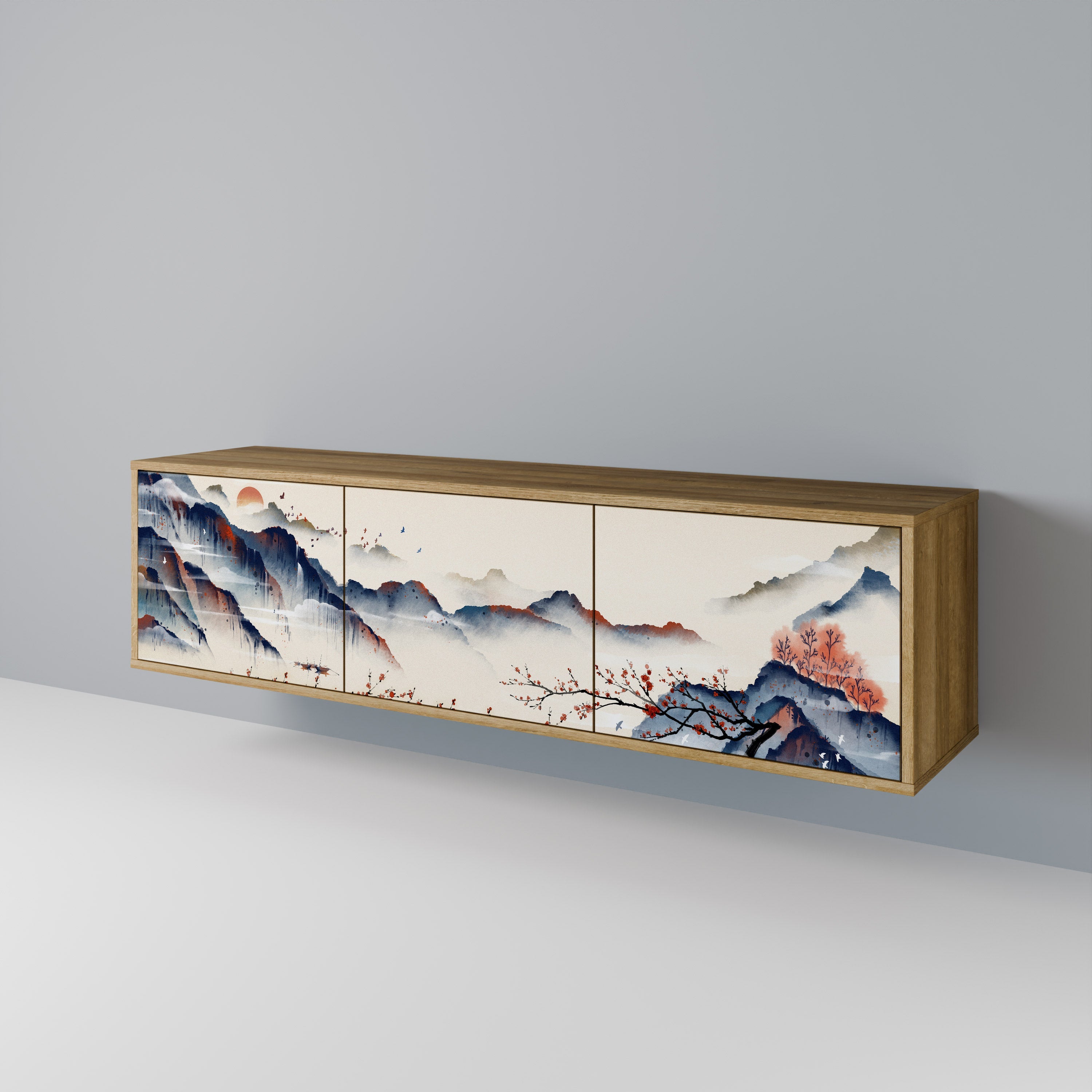 Meuble TV 3 portes effet chêne PAYSAGE JAPONAIS