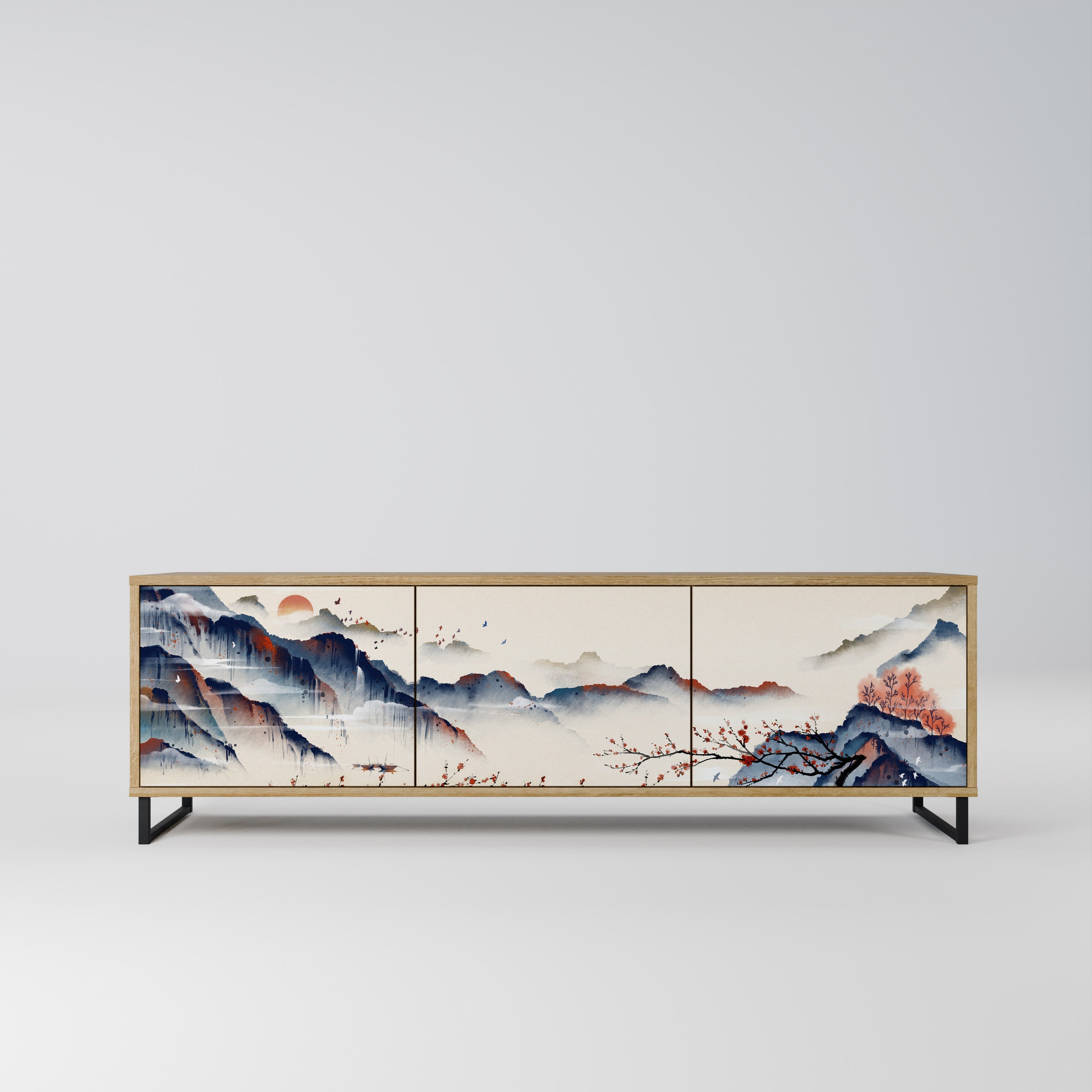 Meuble TV 3 portes effet chêne PAYSAGE JAPONAIS