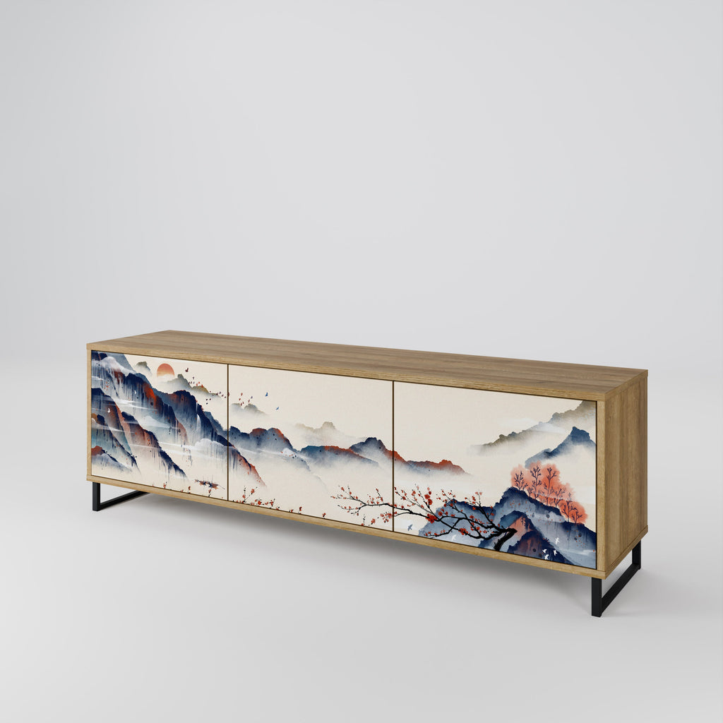 Meuble TV 3 portes effet chêne PAYSAGE JAPONAIS