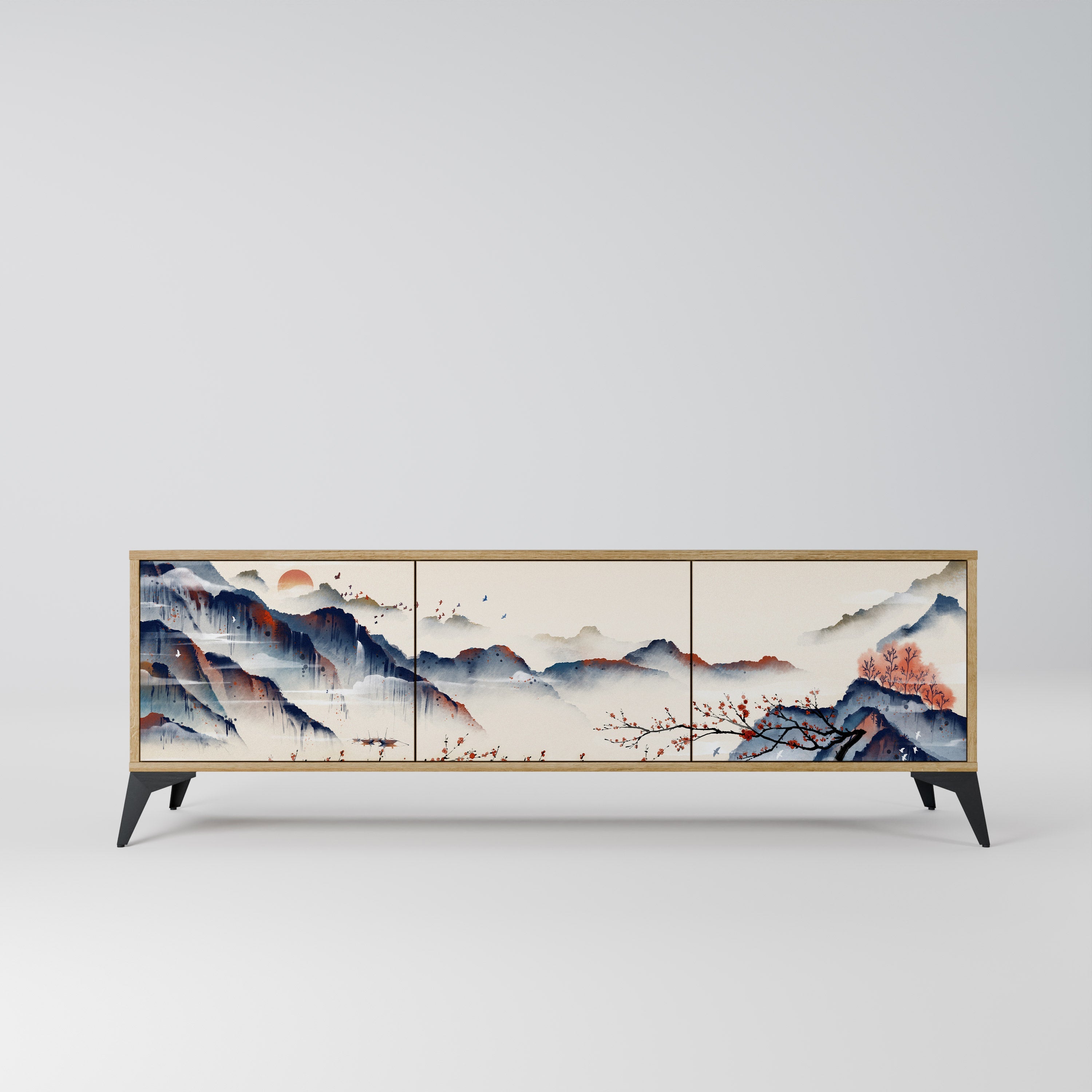 Meuble TV 3 portes effet chêne PAYSAGE JAPONAIS