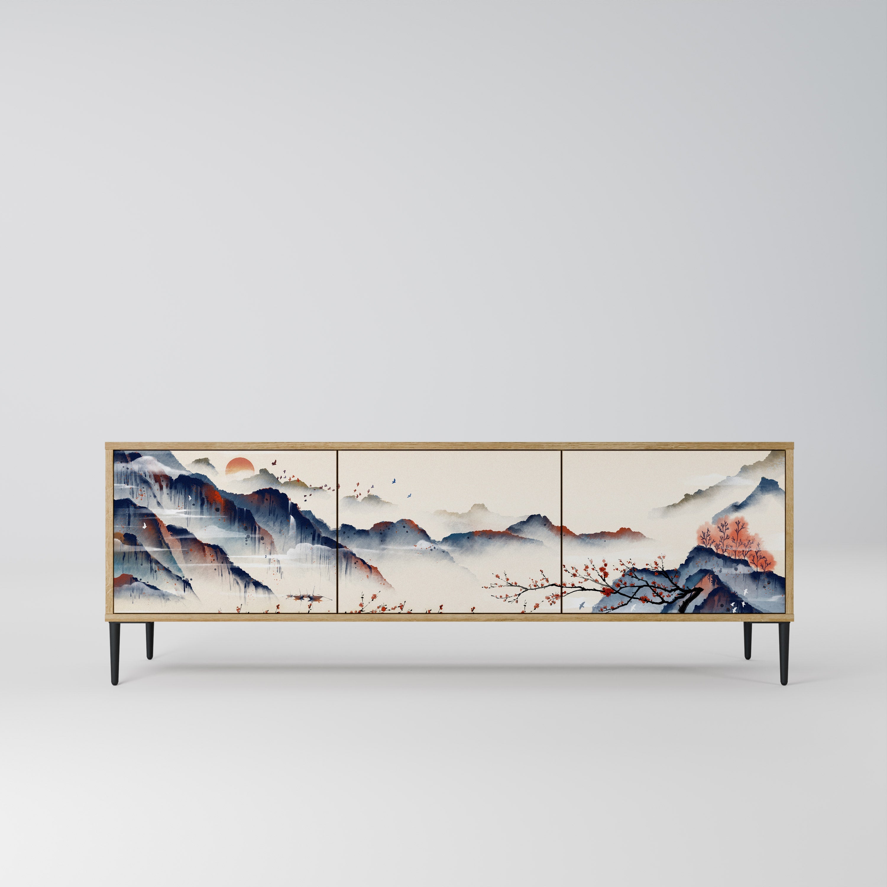 Meuble TV 3 portes effet chêne PAYSAGE JAPONAIS