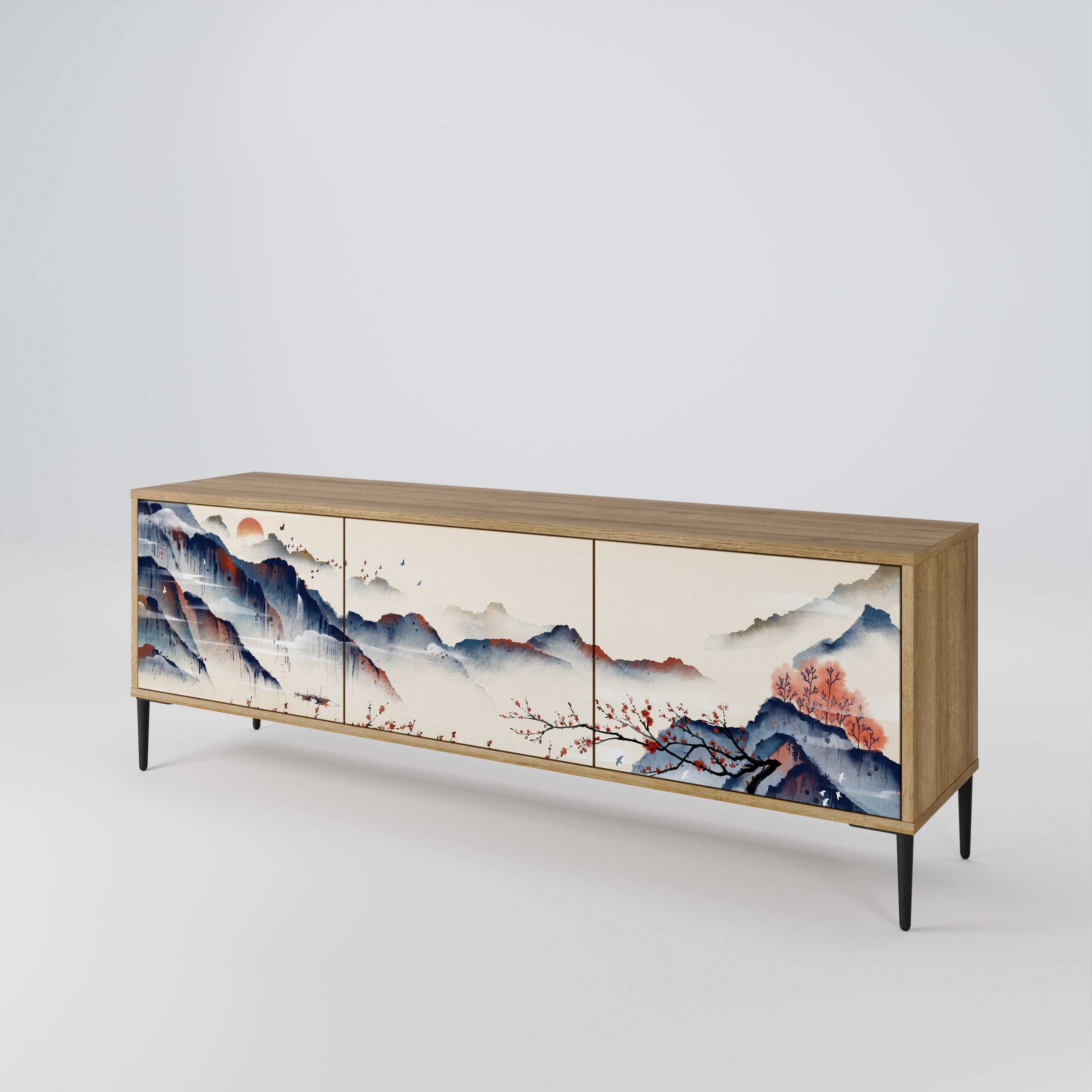 Meuble TV 3 portes effet chêne PAYSAGE JAPONAIS