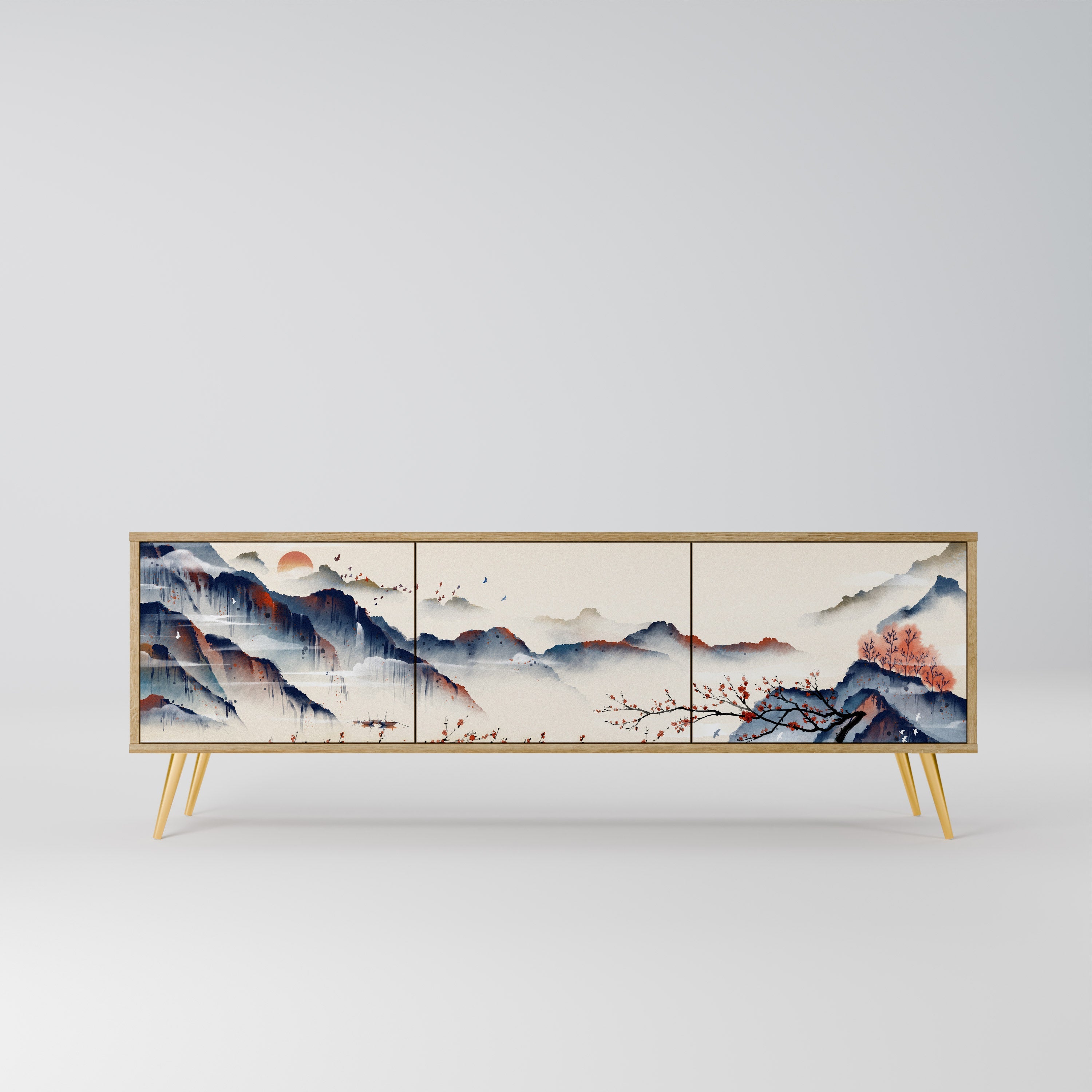 Meuble TV 3 portes effet chêne PAYSAGE JAPONAIS