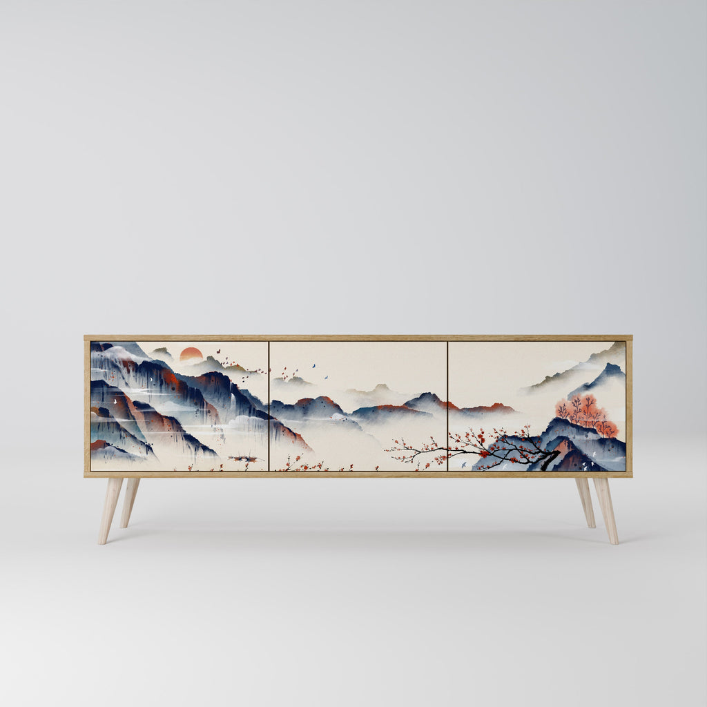 Meuble TV 3 portes effet chêne PAYSAGE JAPONAIS