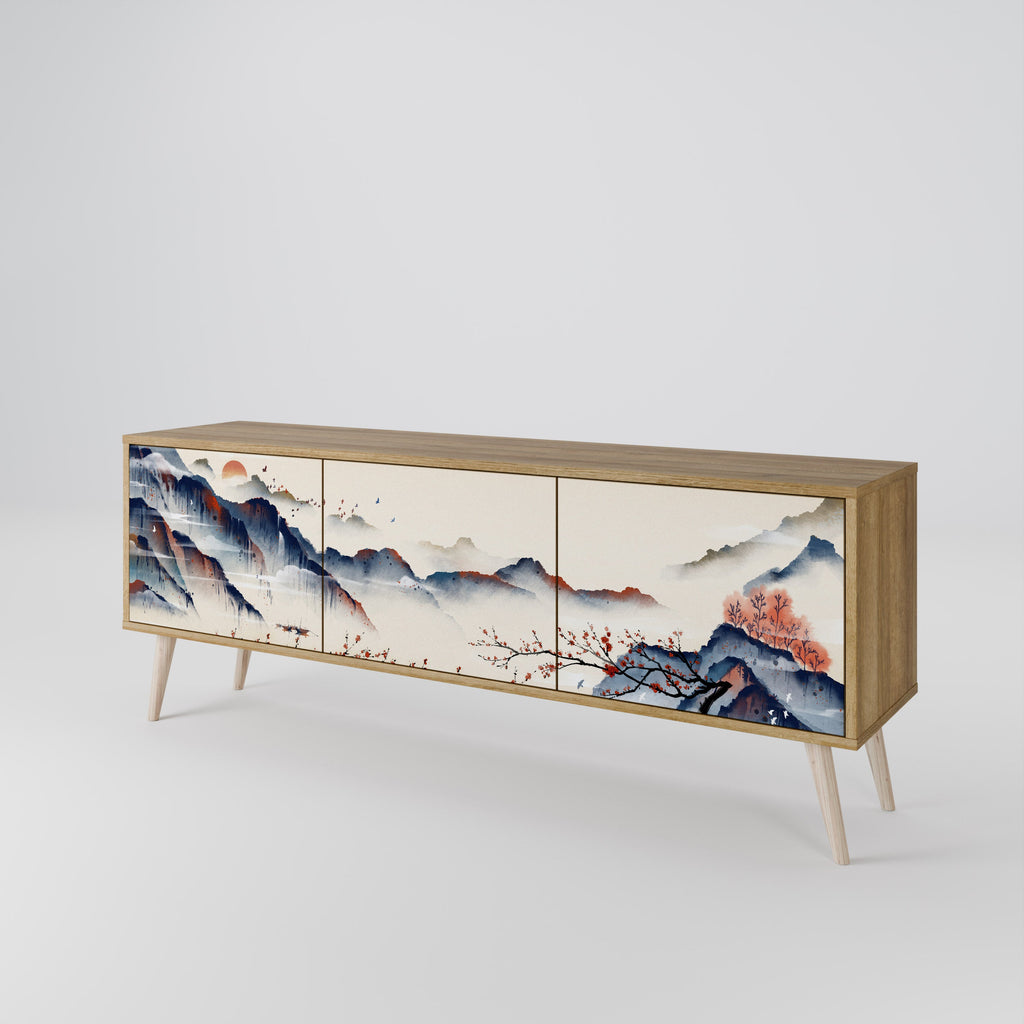 Meuble TV 3 portes effet chêne PAYSAGE JAPONAIS