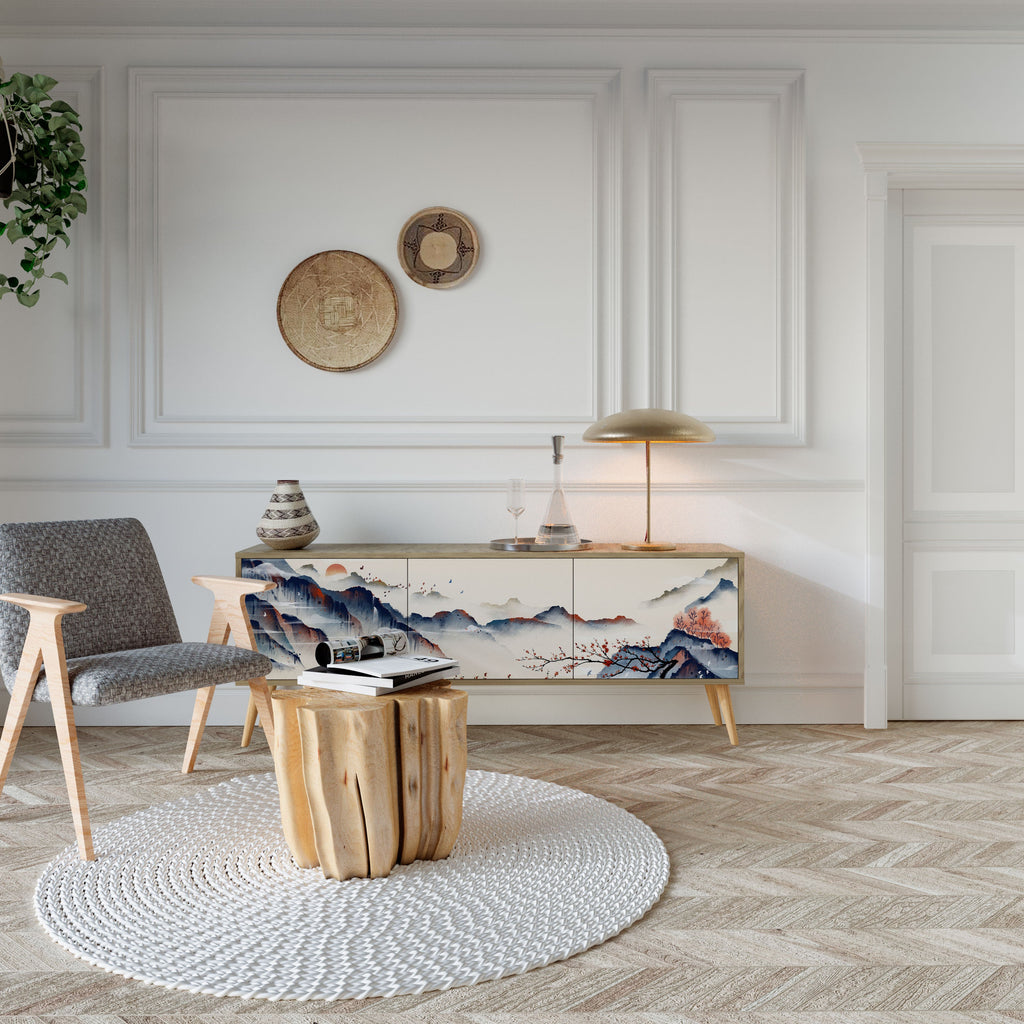 Meuble TV 3 portes effet chêne PAYSAGE JAPONAIS