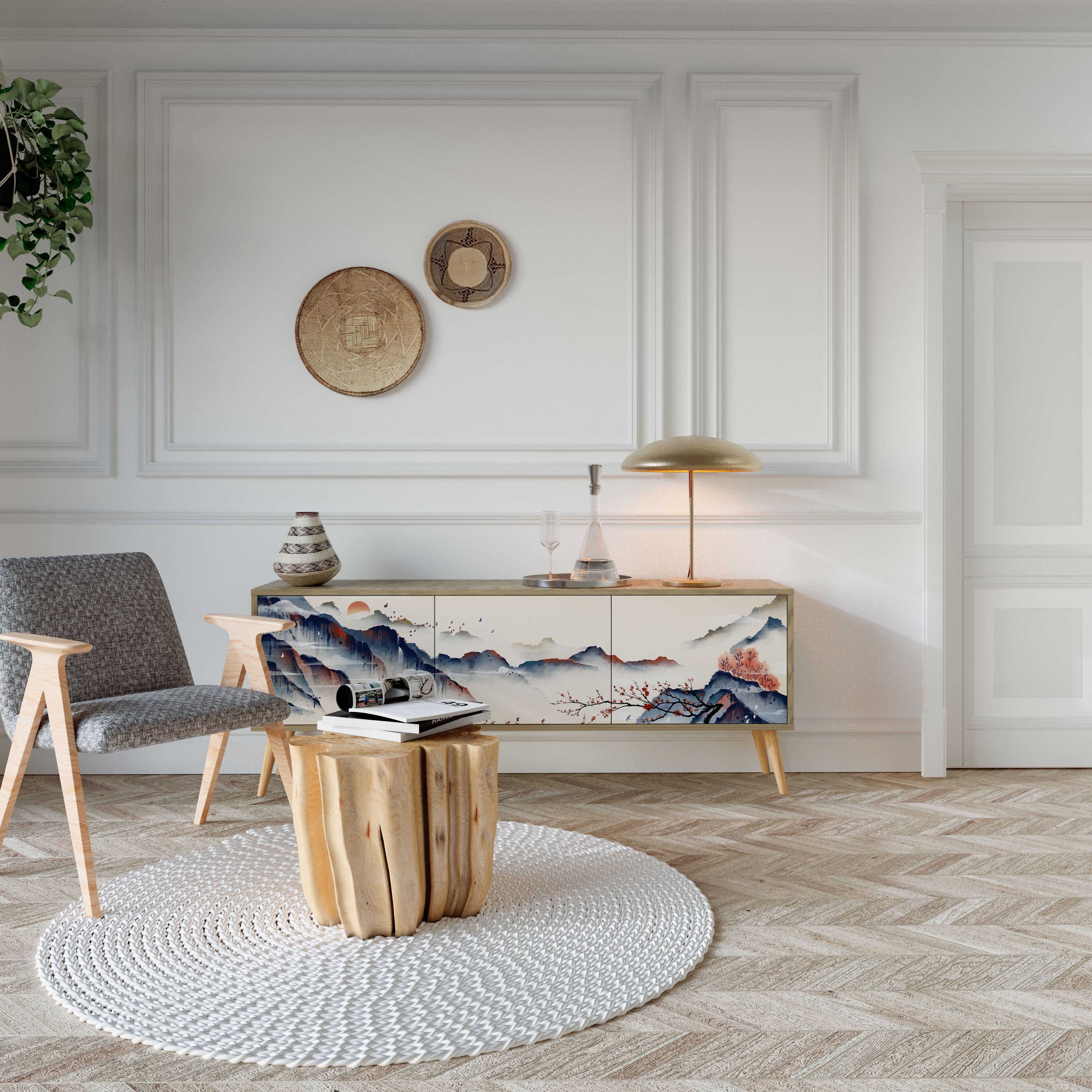 Meuble TV 3 portes effet chêne PAYSAGE JAPONAIS