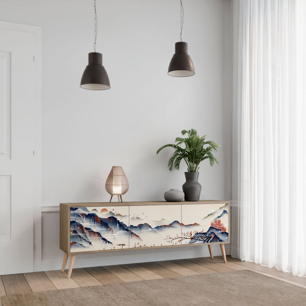 Meuble TV 3 portes effet chêne PAYSAGE JAPONAIS