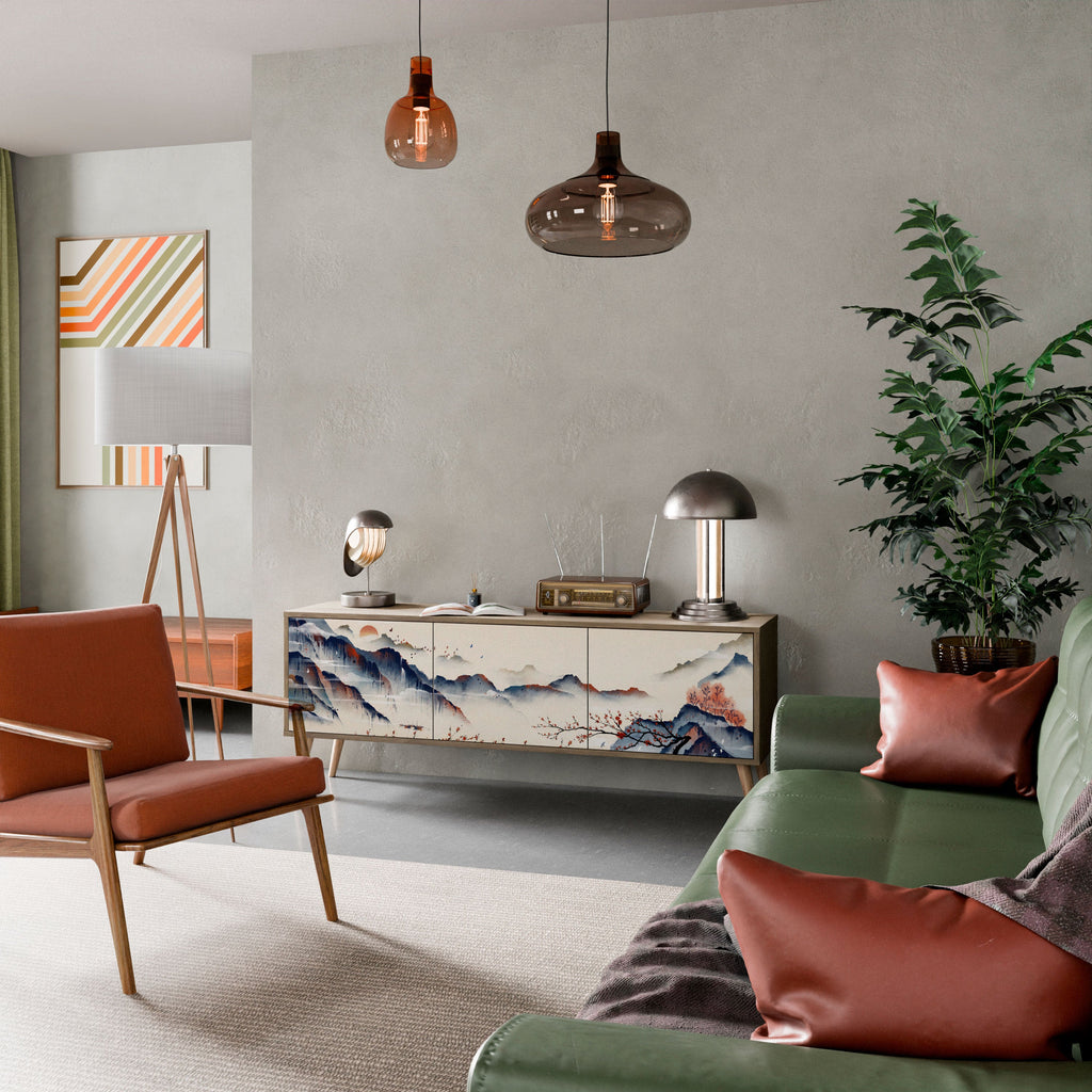 Meuble TV 3 portes effet chêne PAYSAGE JAPONAIS