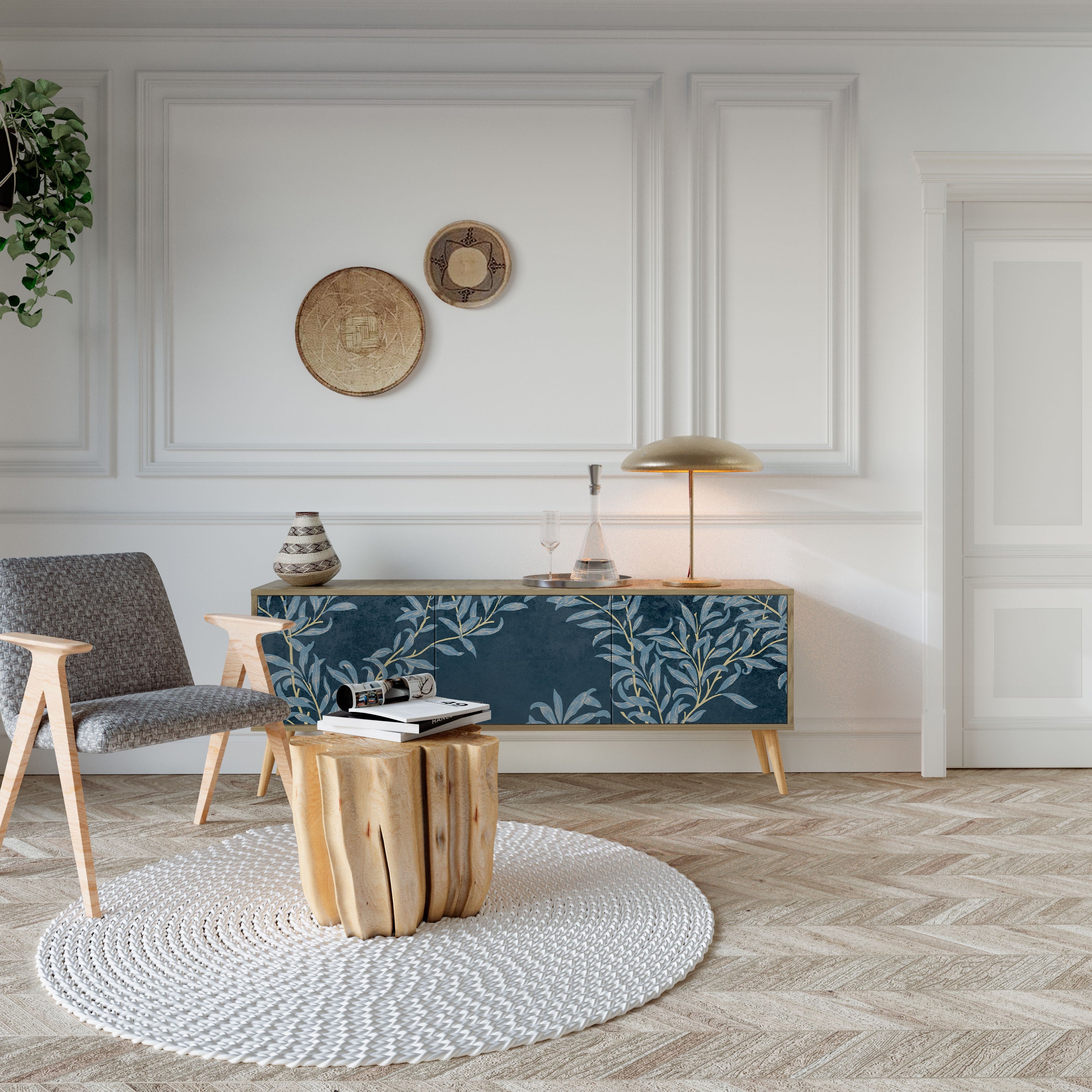 Meuble TV 3 portes BLUE LEAVES effet chêne