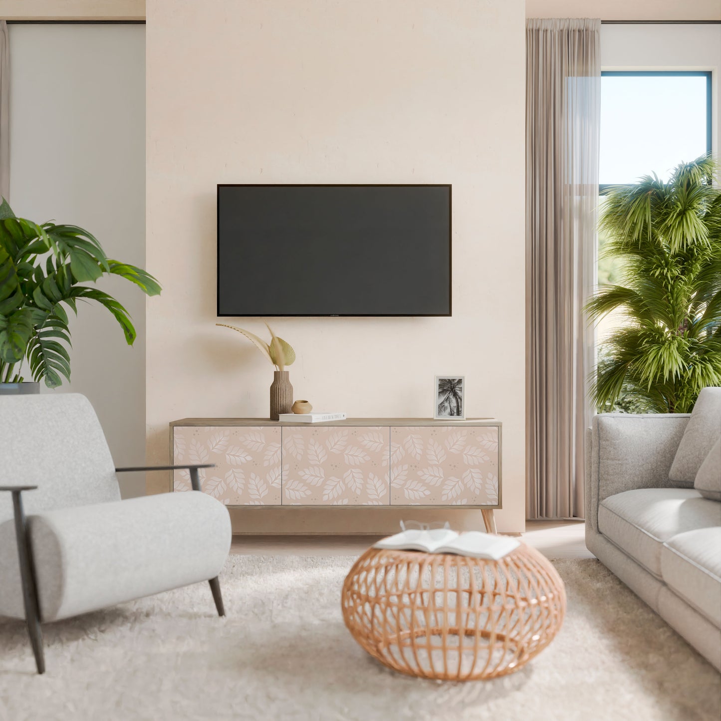 LEAVES ON BEIGE 3-Door TV Cabinet