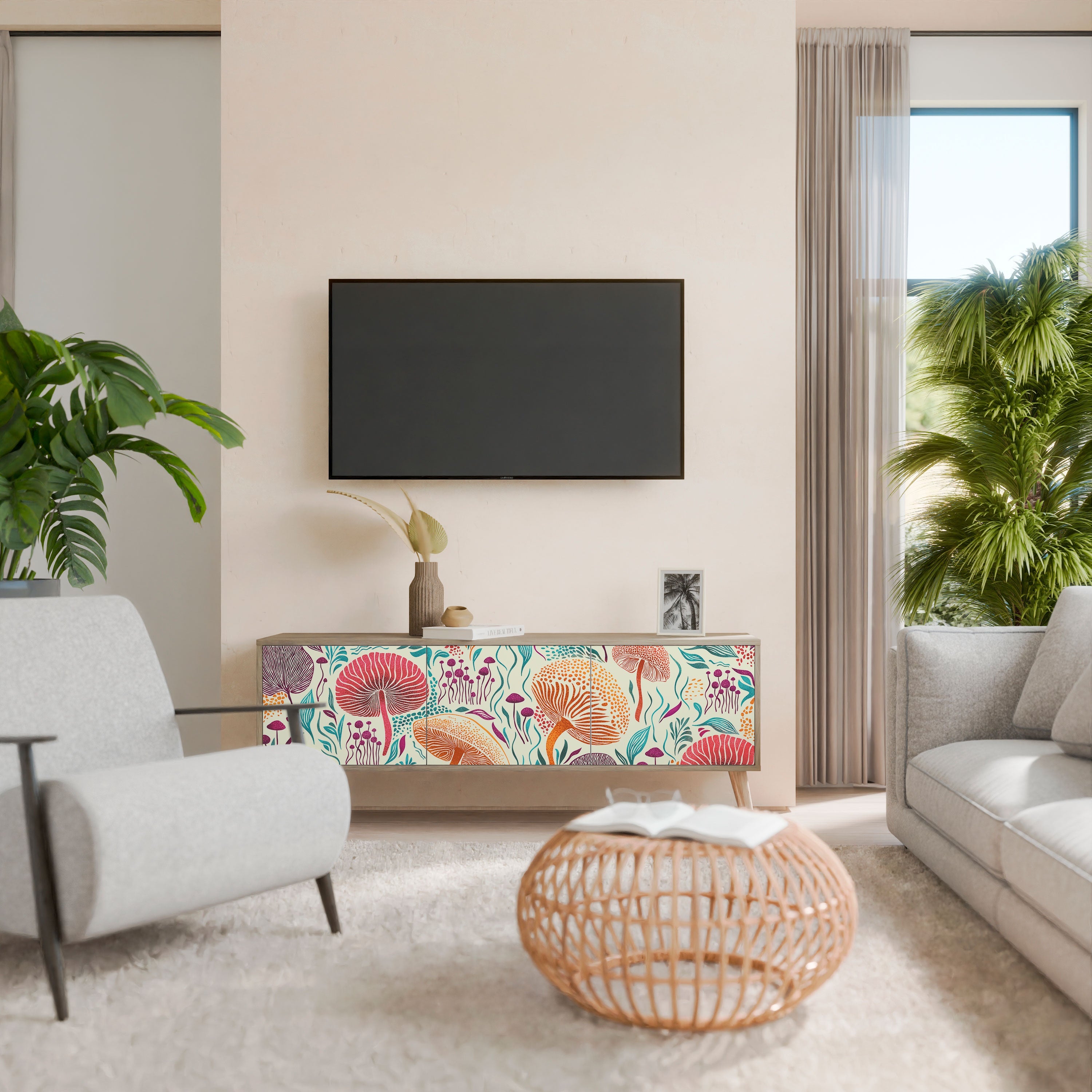 Meuble TV 3 portes Fungus Fantasy effet chêne